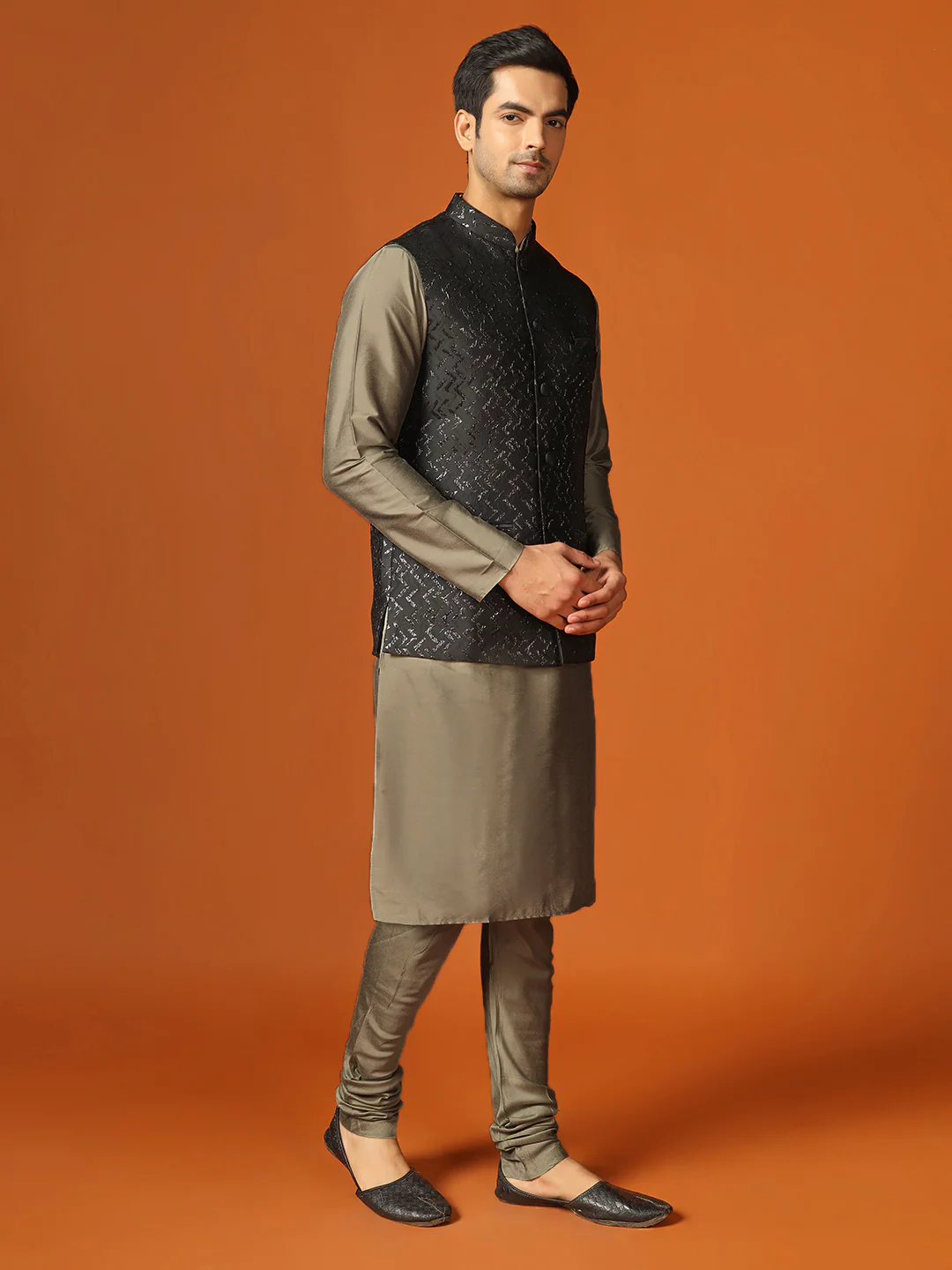 Men Shiny Black Textured Kurta Jacket Churidar Set - Image 2