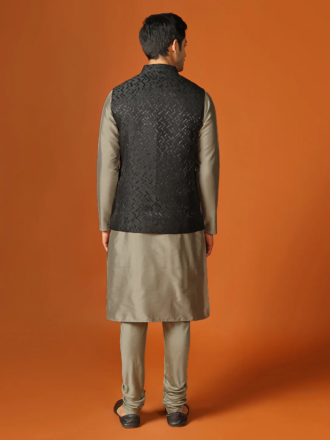 Men Shiny Black Textured Kurta Jacket Churidar Set - Image 4