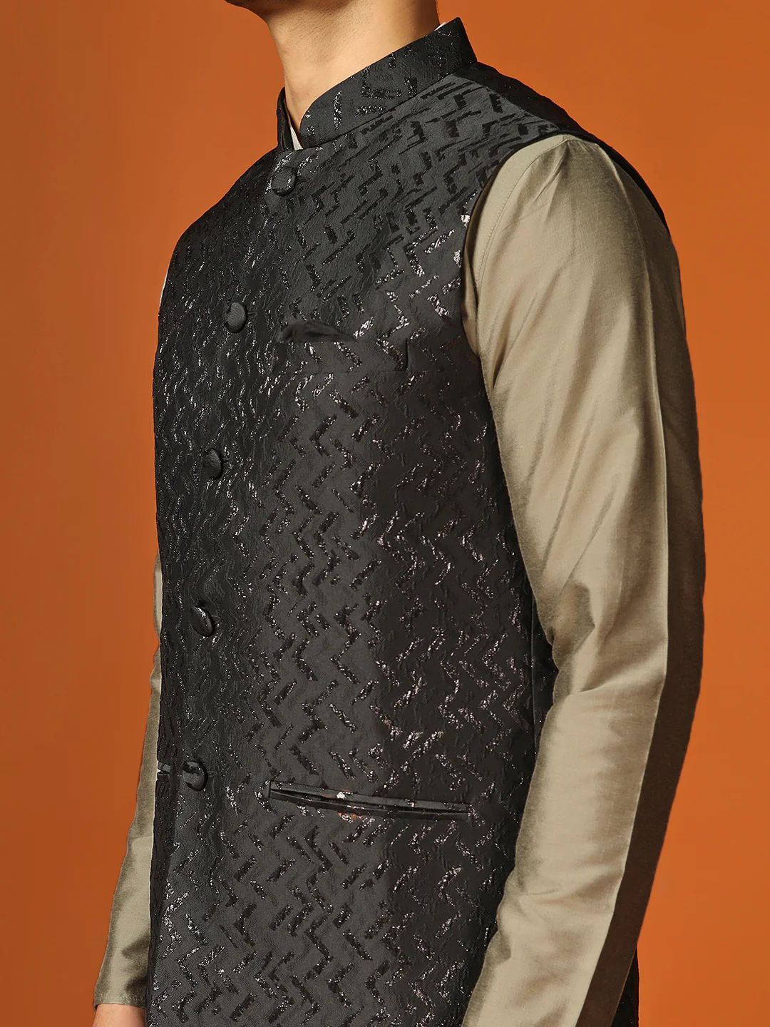 Men Shiny Black Textured Kurta Jacket Churidar Set - Image 5
