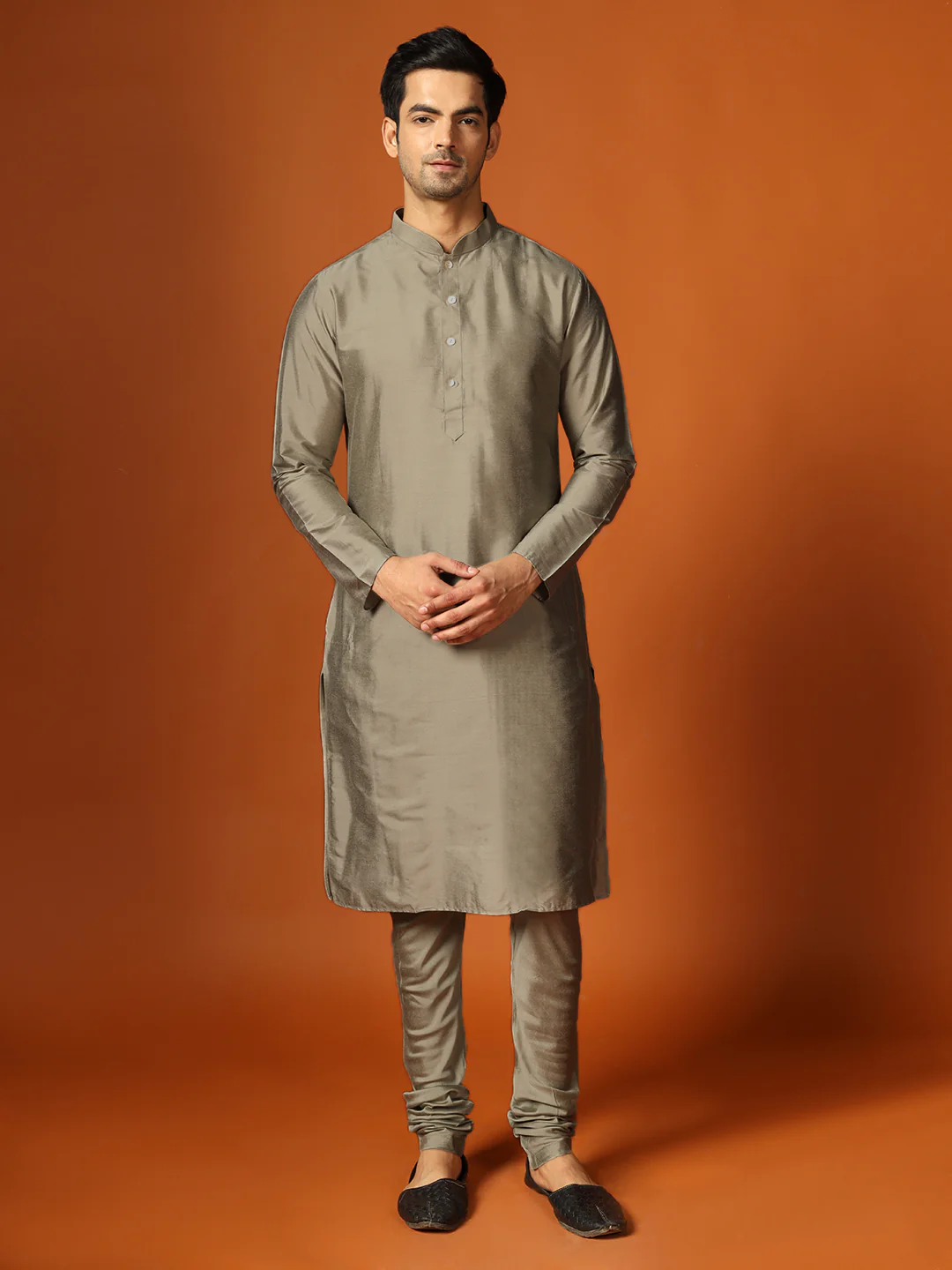 Men Shiny Black Textured Kurta Jacket Churidar Set - Image 6