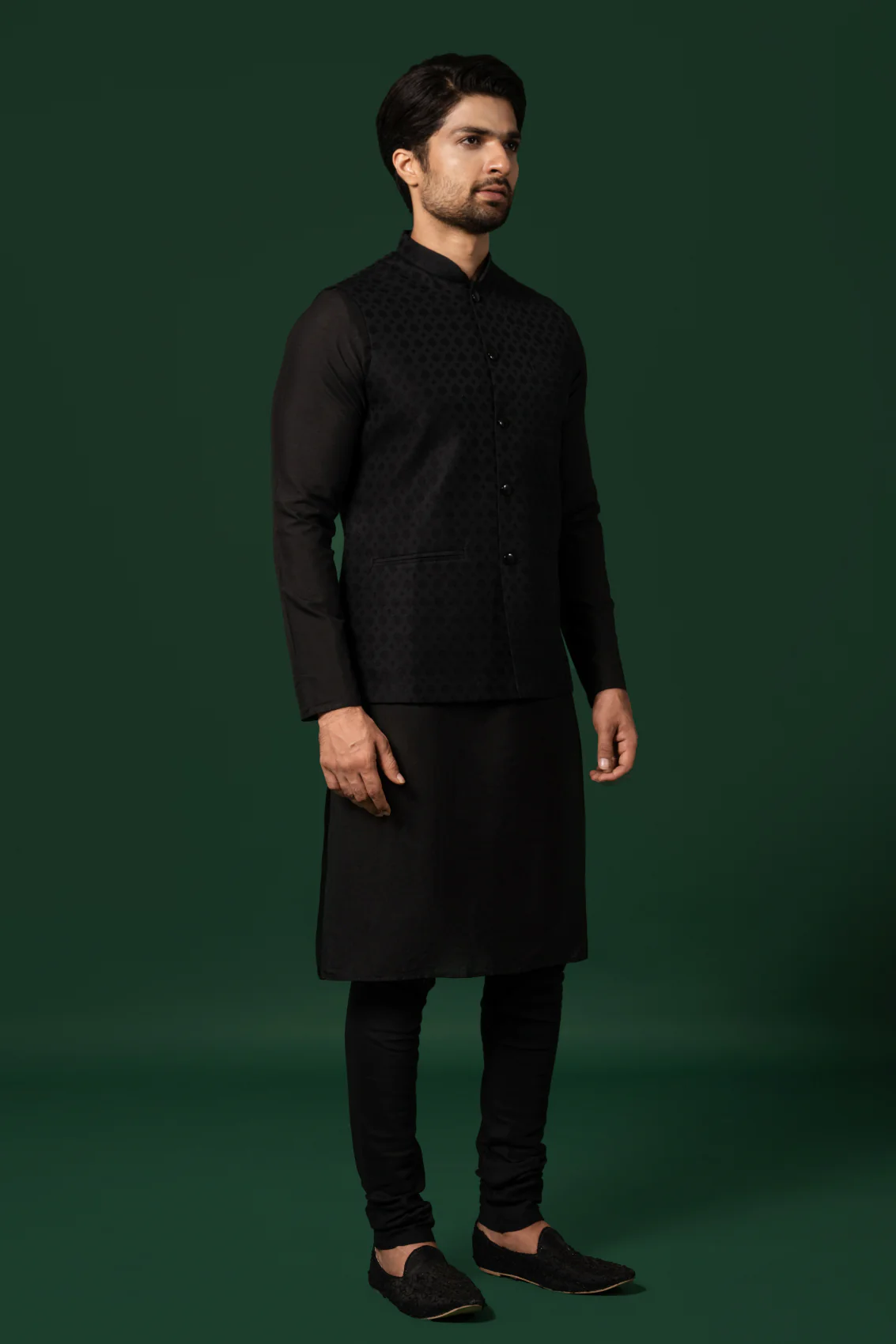 Men Black Kurta Jacket Churidar Set - Image 2