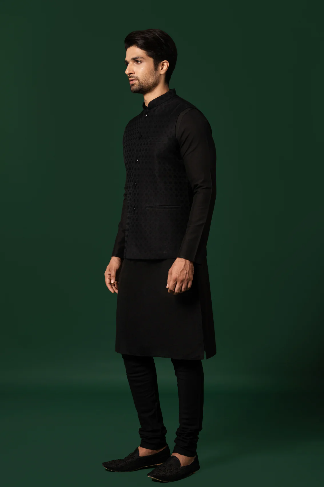 Men Black Kurta Jacket Churidar Set - Image 3