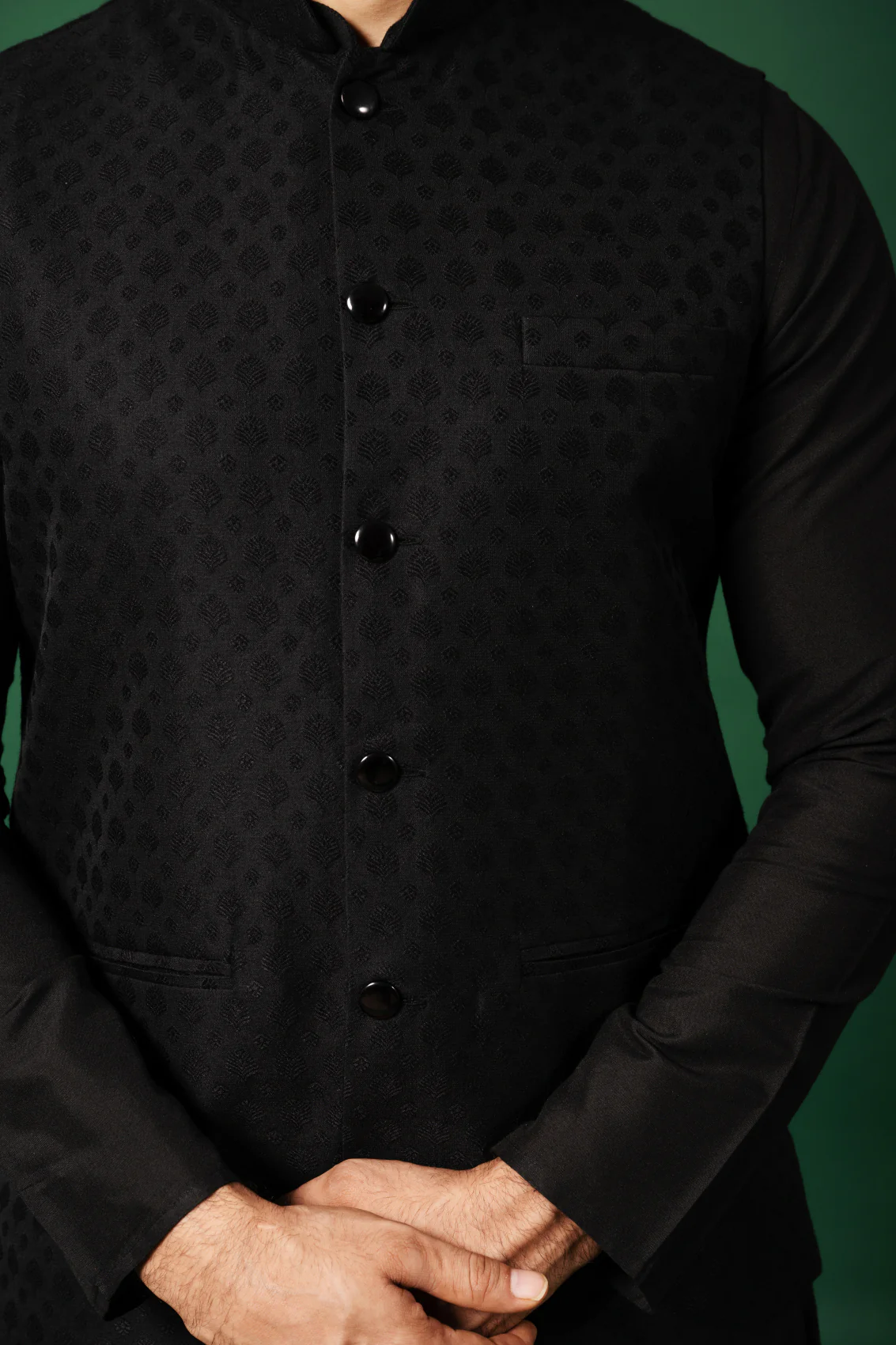 Men Black Kurta Jacket Churidar Set - Image 6