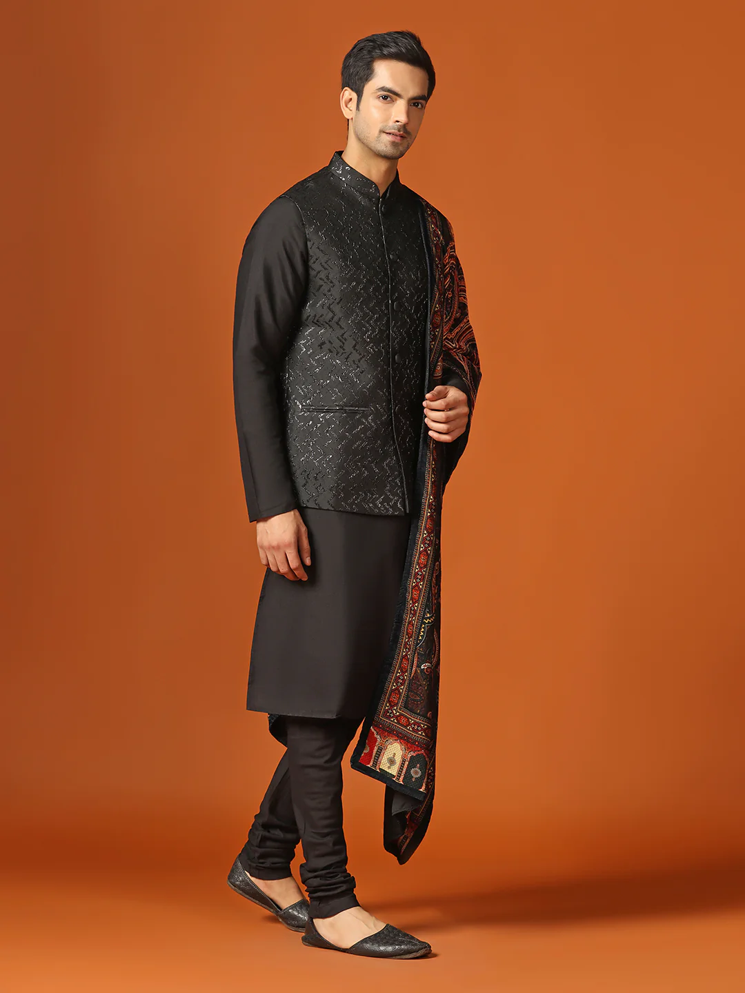 Men Shinny Black Kurta Jacket Churidar With Dupatta Set - Image 2