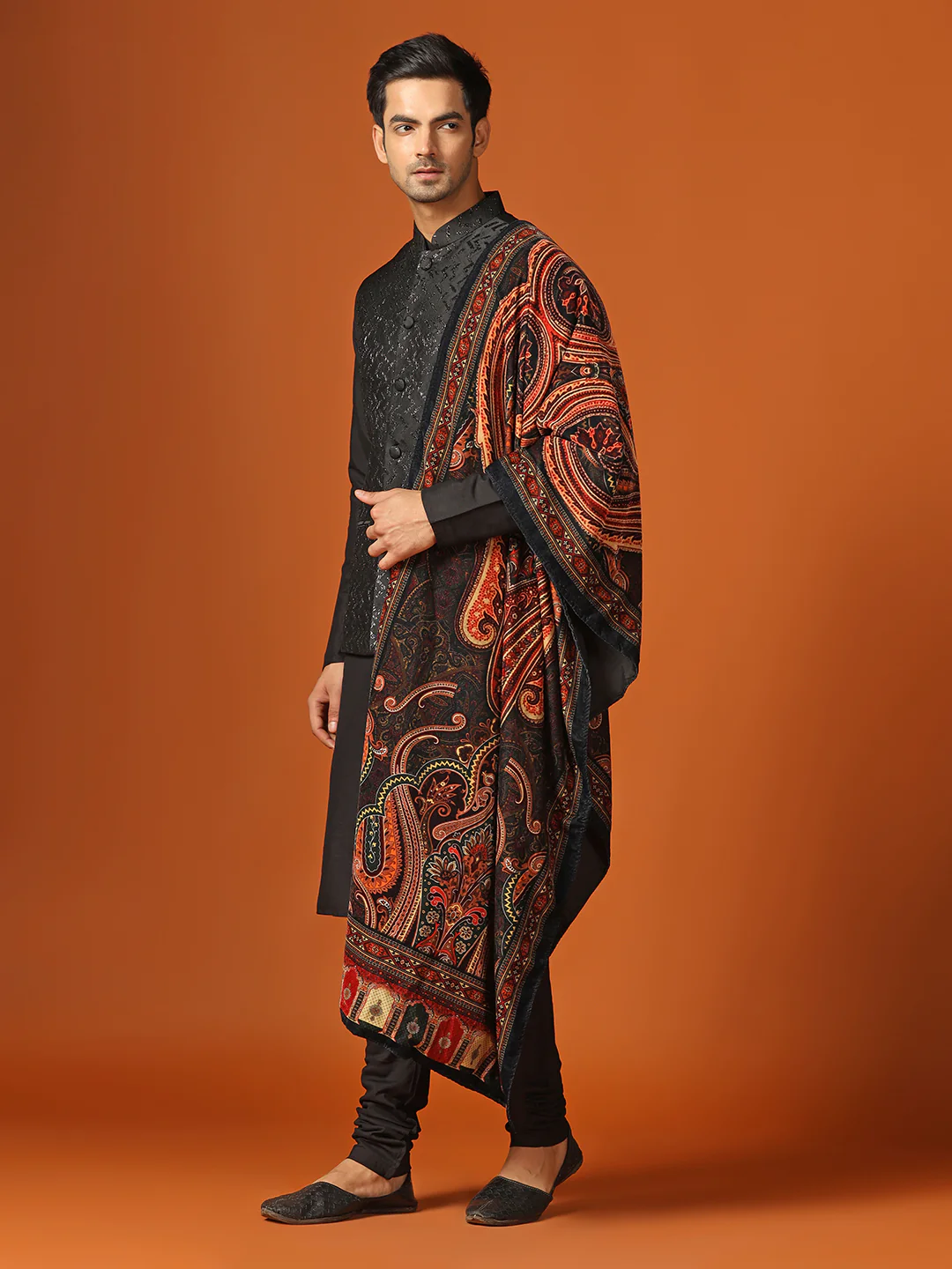 Men Shinny Black Kurta Jacket Churidar With Dupatta Set - Image 3