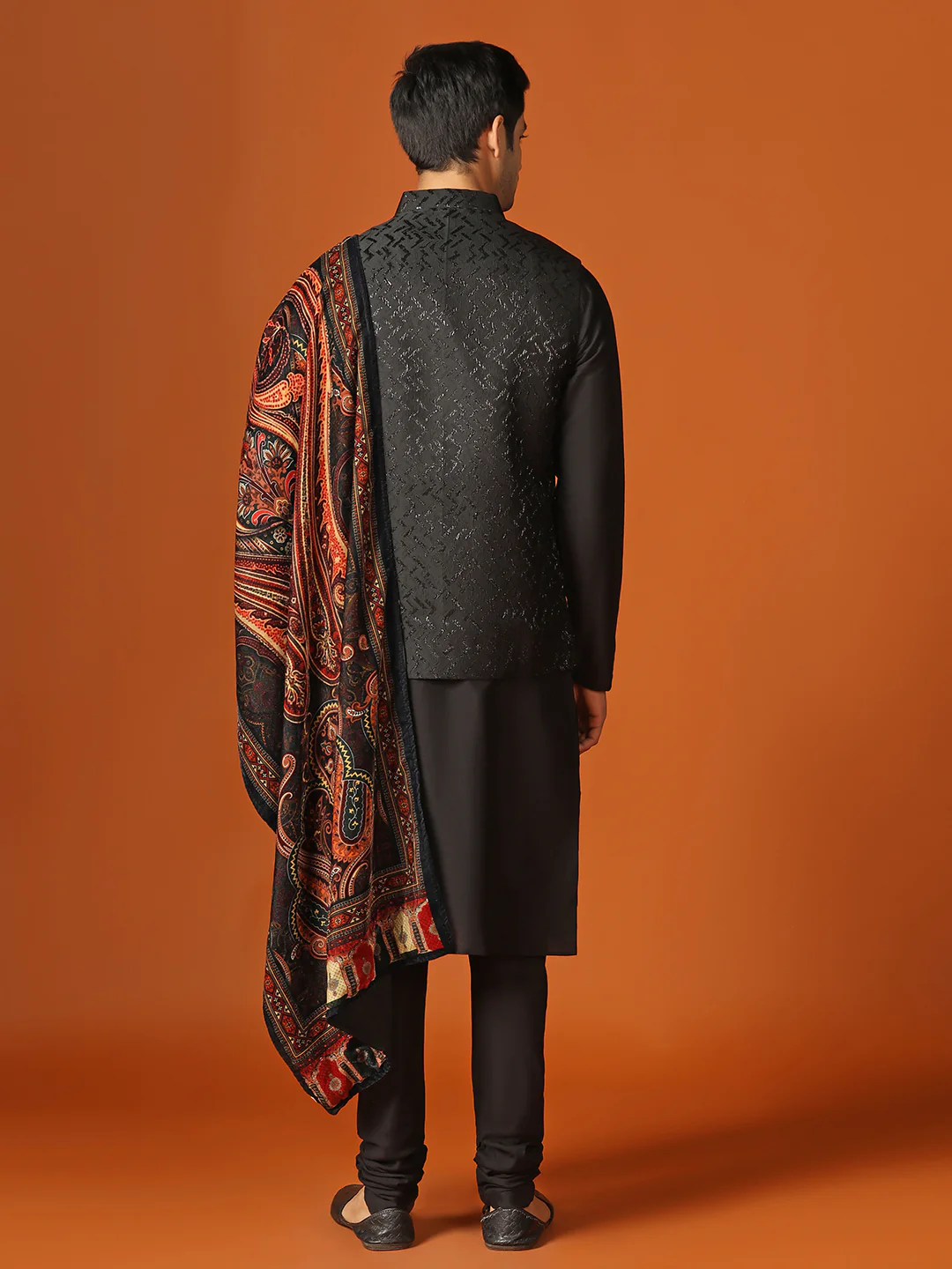 Men Shinny Black Kurta Jacket Churidar With Dupatta Set - Image 4