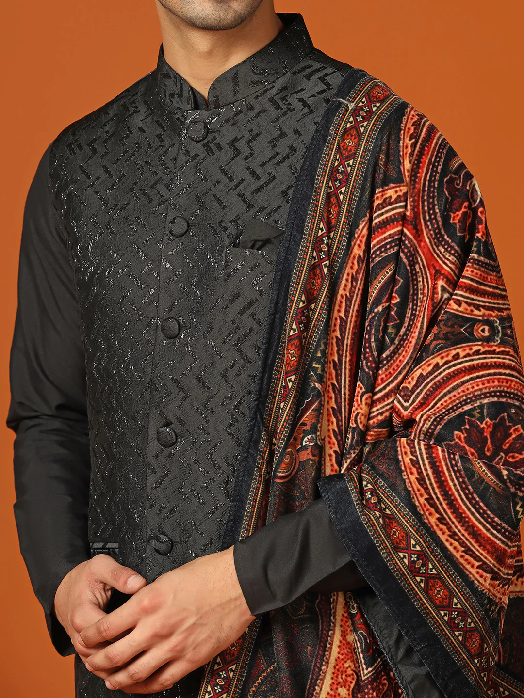 Men Shinny Black Kurta Jacket Churidar With Dupatta Set - Image 5