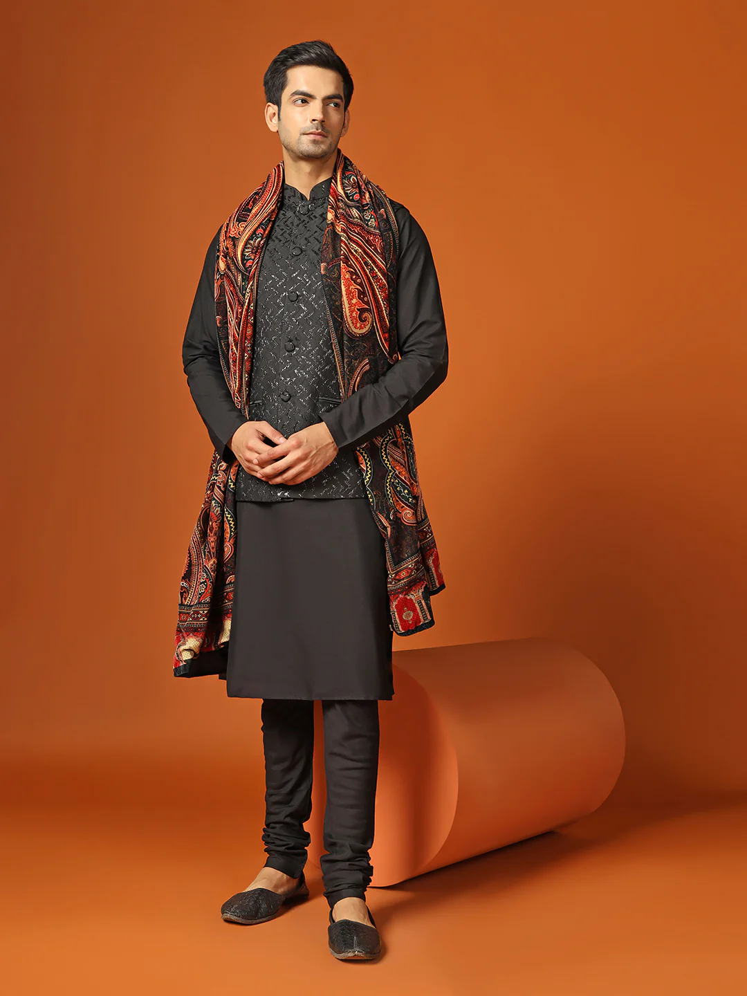 Men Shinny Black Kurta Jacket Churidar With Dupatta Set - Image 8