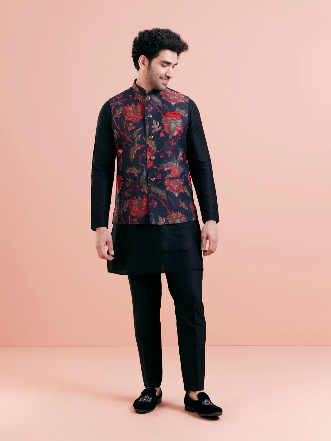 Navy Floral Nehru Jacket Kurta Trouser Set - Image 8