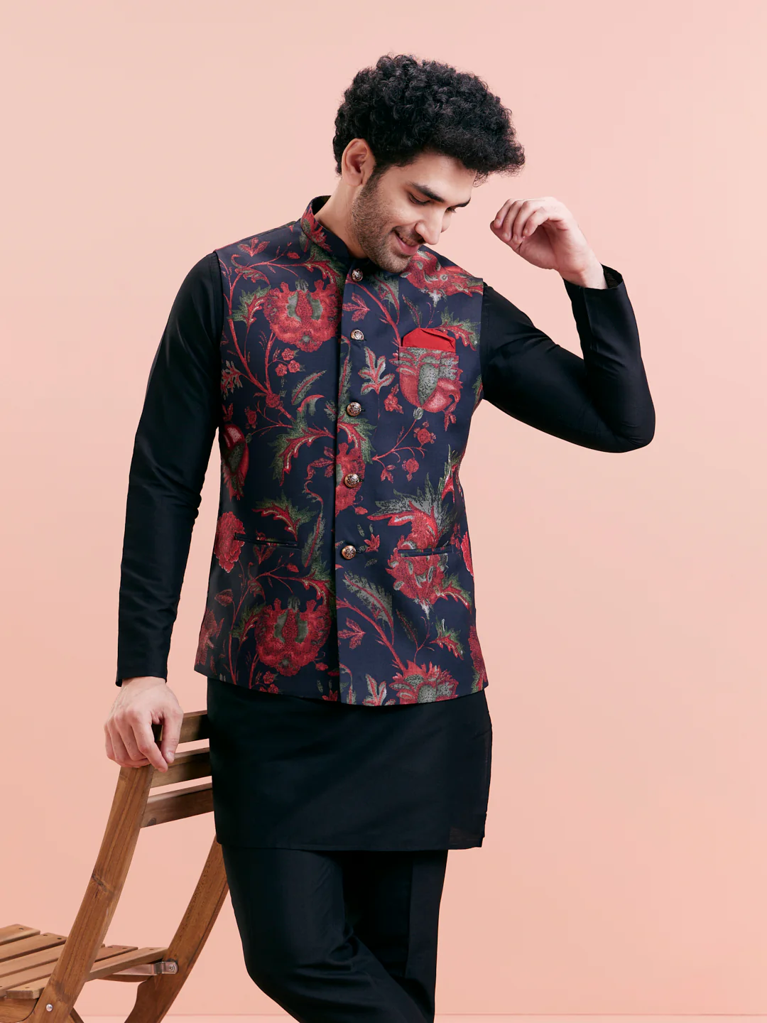 Navy Floral Nehru Jacket Kurta Trouser Set - Image 9