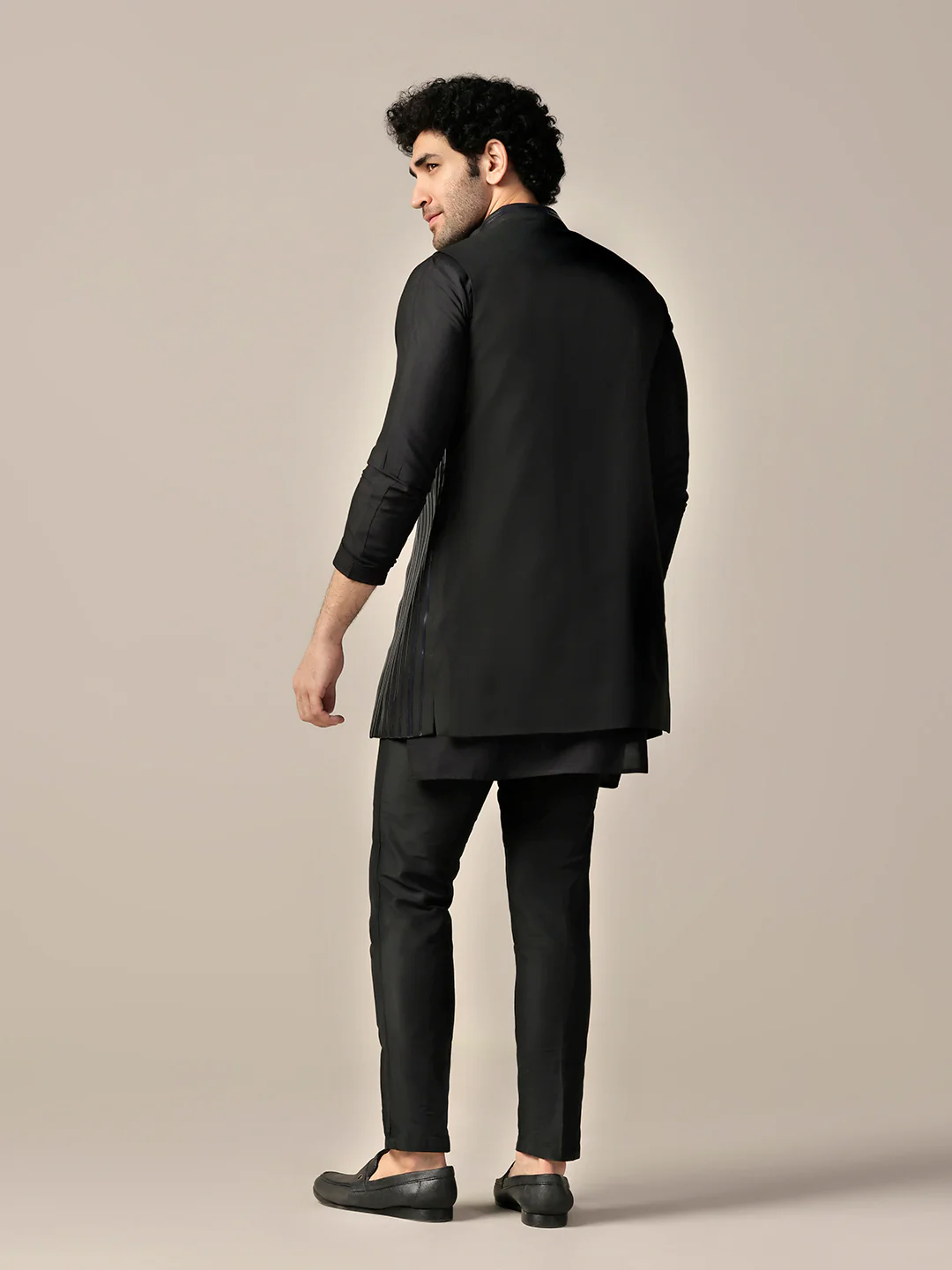Black Metallic Tape Work Nehru Jacket Set - Image 3