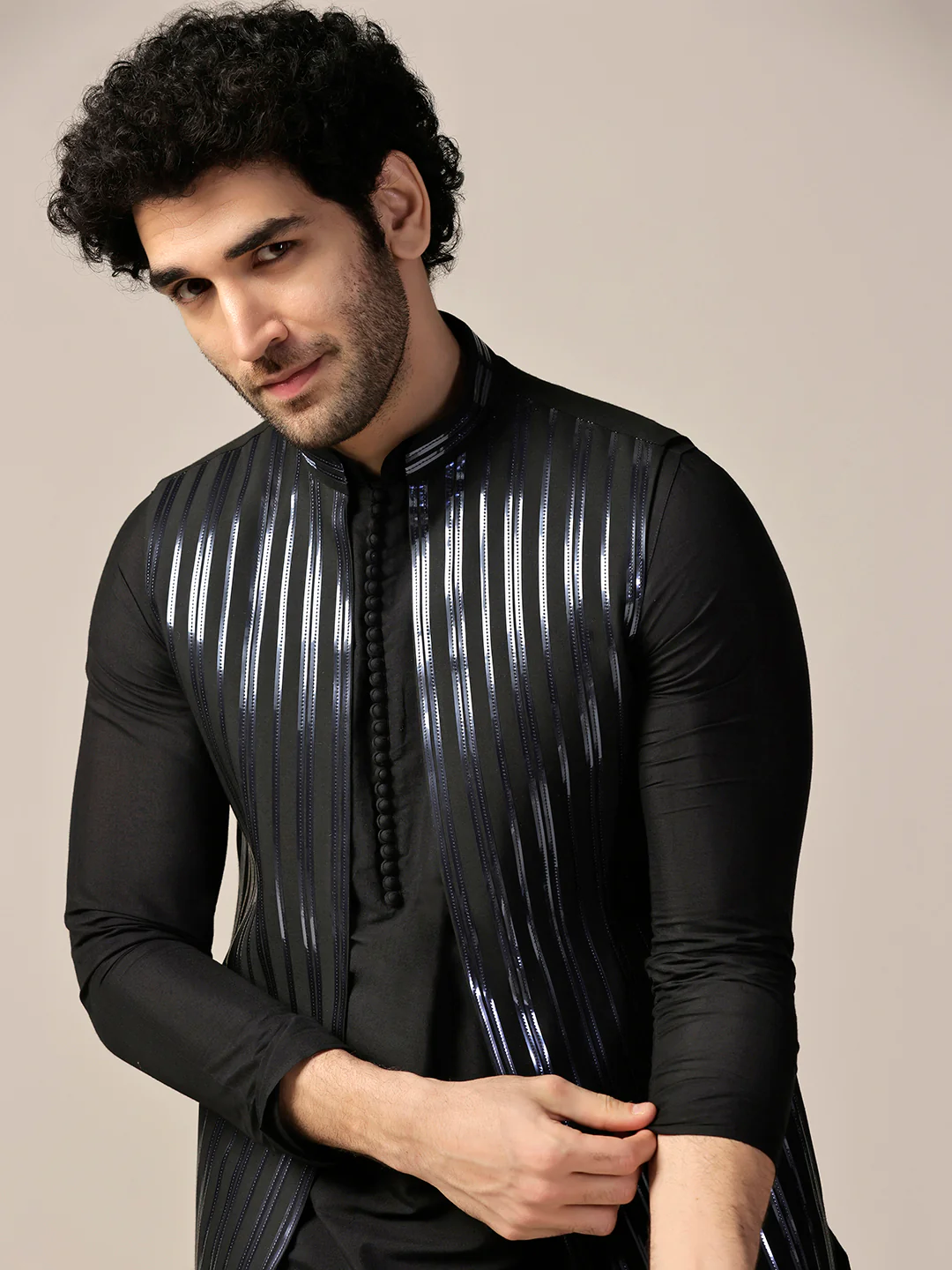Black Metallic Tape Work Nehru Jacket Set - Image 4