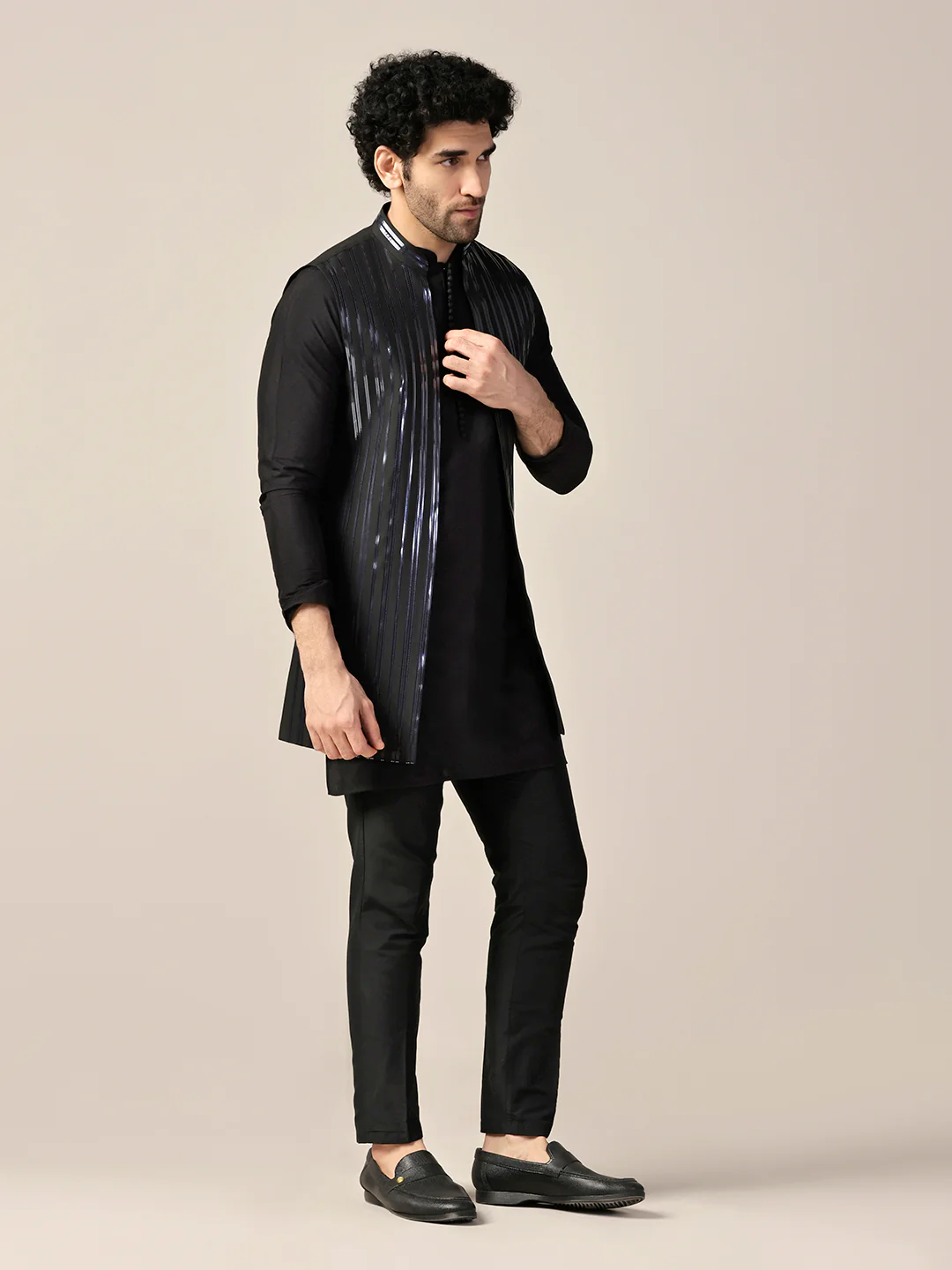 Black Metallic Tape Work Nehru Jacket Set - Image 9