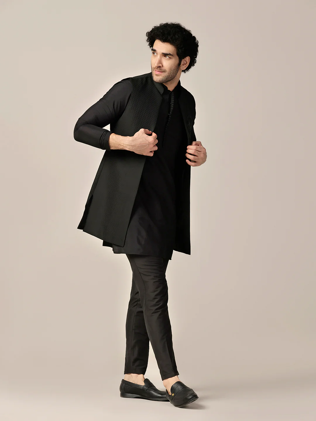 Black Silk Blend Embroidered Jacket Kurta Trouser Set - Image 3