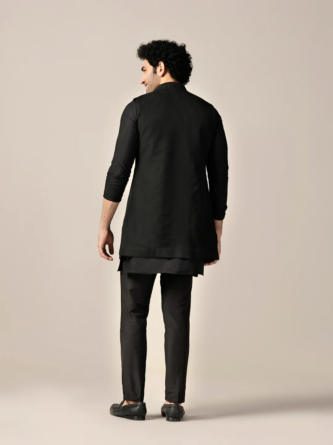 Black Silk Blend Embroidered Jacket Kurta Trouser Set - Image 5