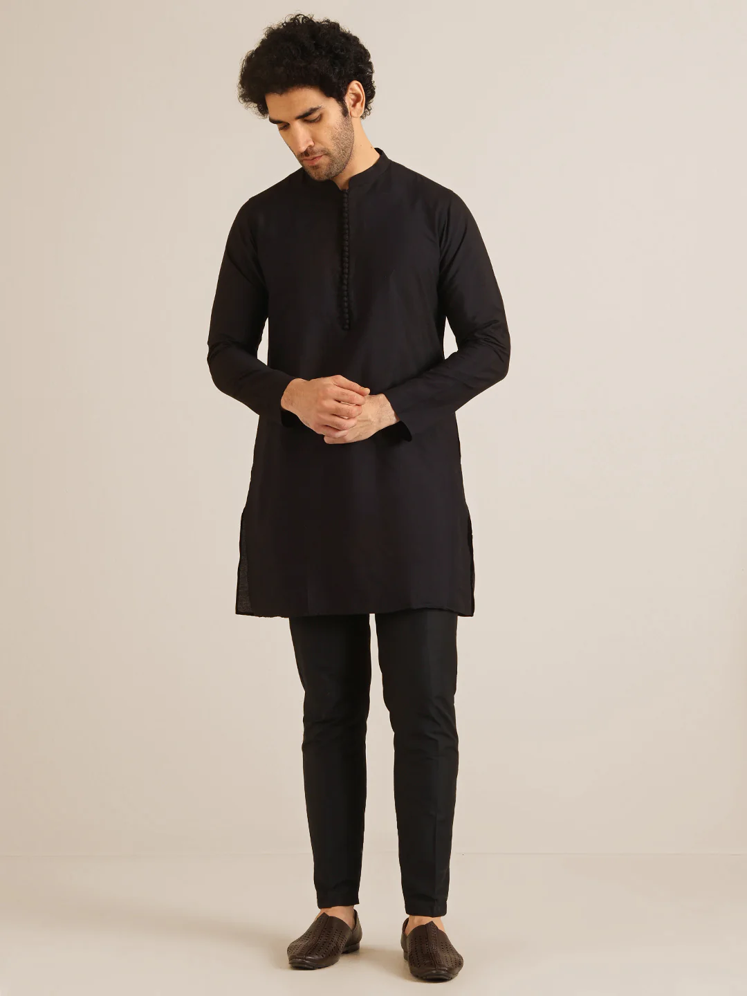 Black Silk Blend Embroidered Jacket Kurta Trouser Set - Image 6