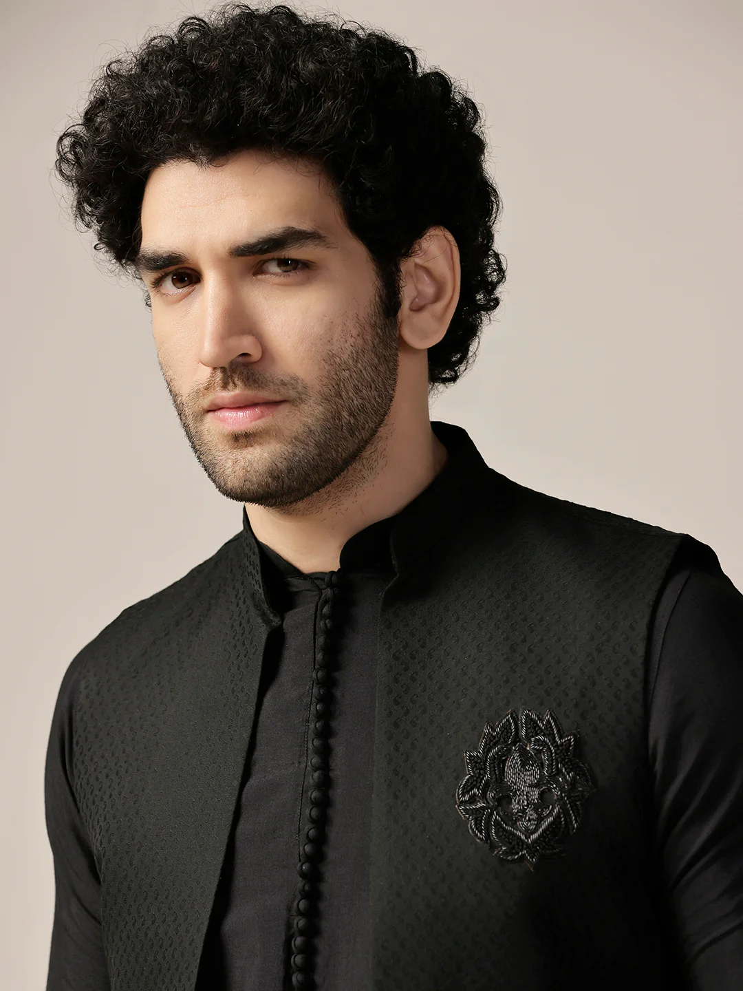 Black Silk Blend Embroidered Jacket Kurta Trouser Set - Image 7