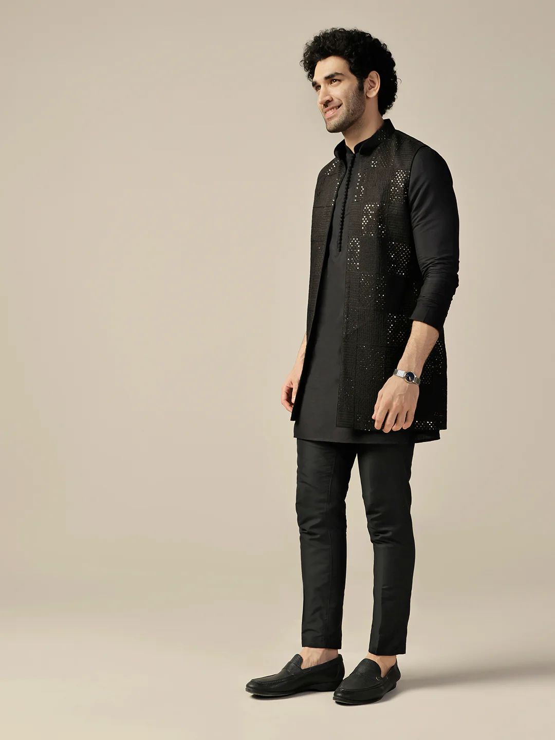 Black Embroidered Nehru Jacket Kurta Trouser Set - Image 3