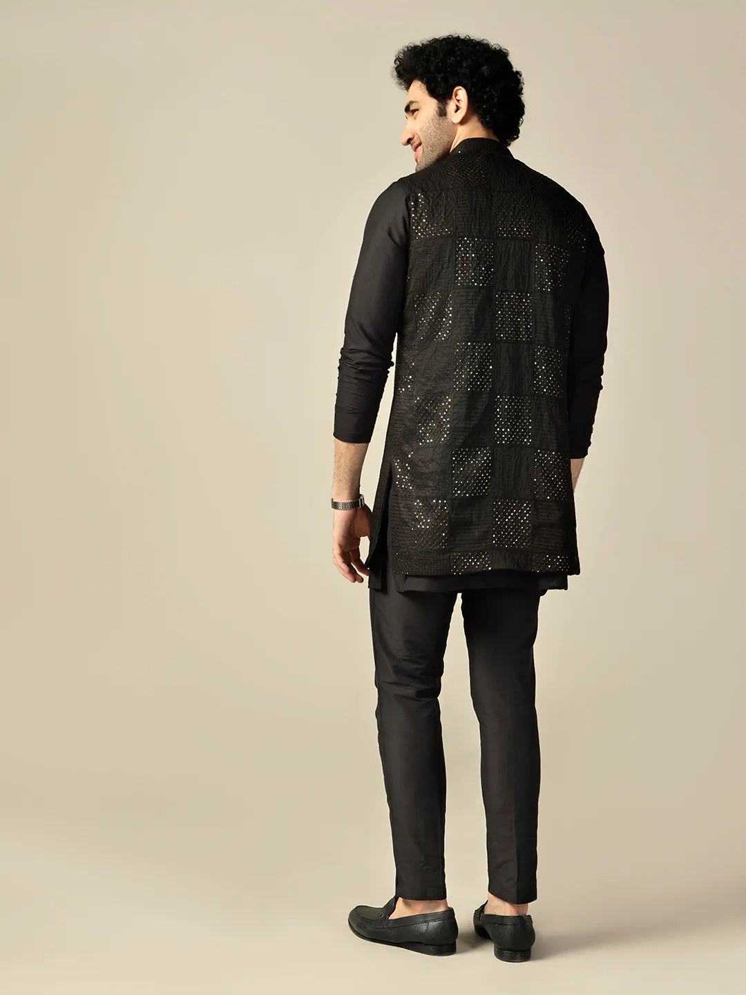 Black Embroidered Nehru Jacket Kurta Trouser Set - Image 4