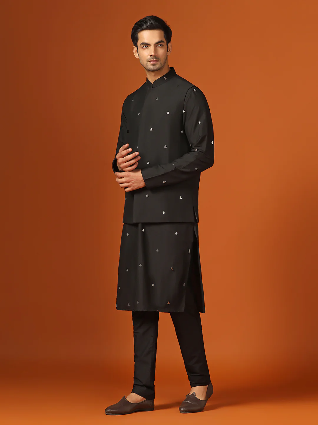 Kisah Men Black Kurta Jacket Trouser Set - Image 3