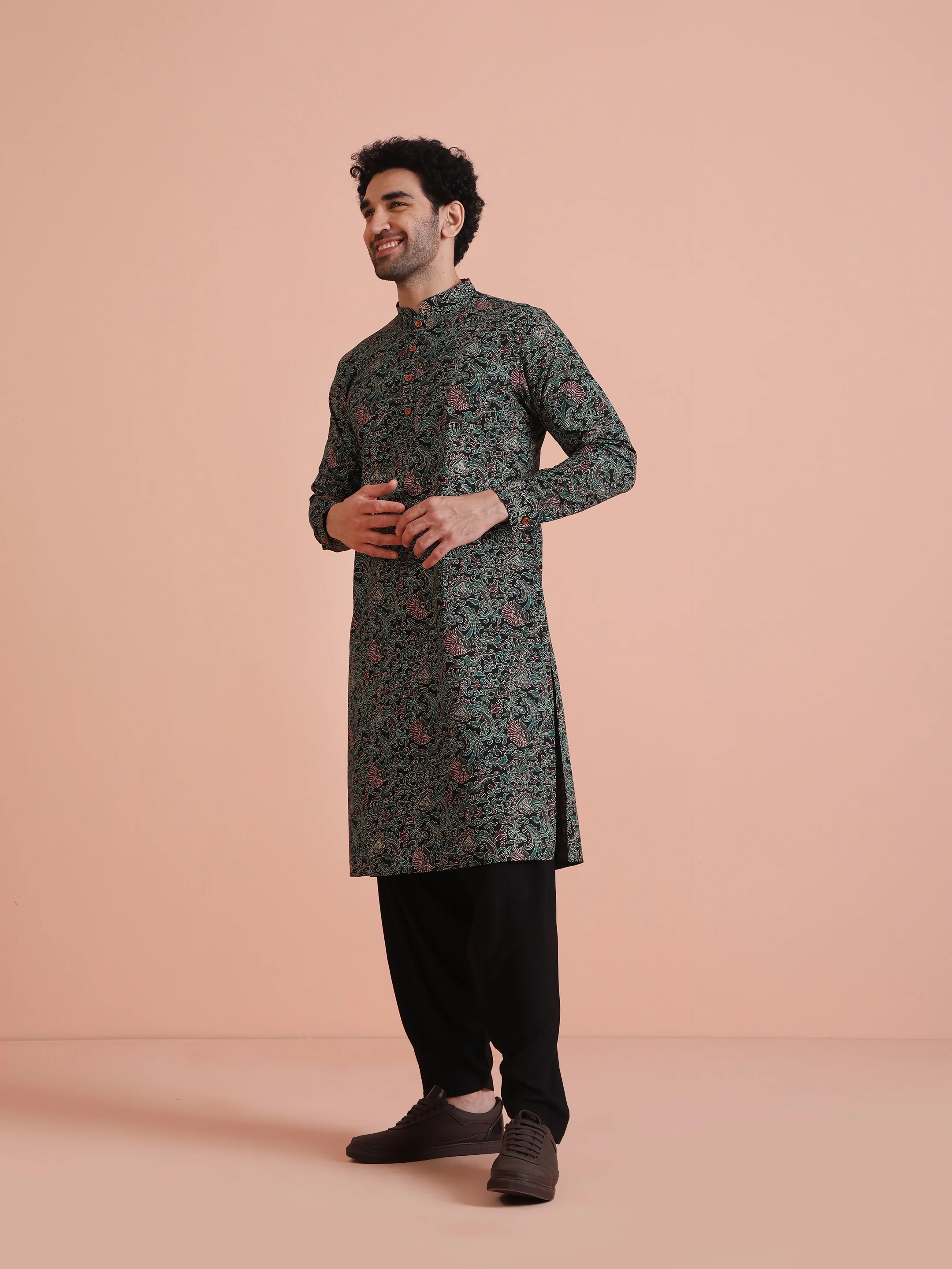 Black Printed Cotton Kurta - Image 3