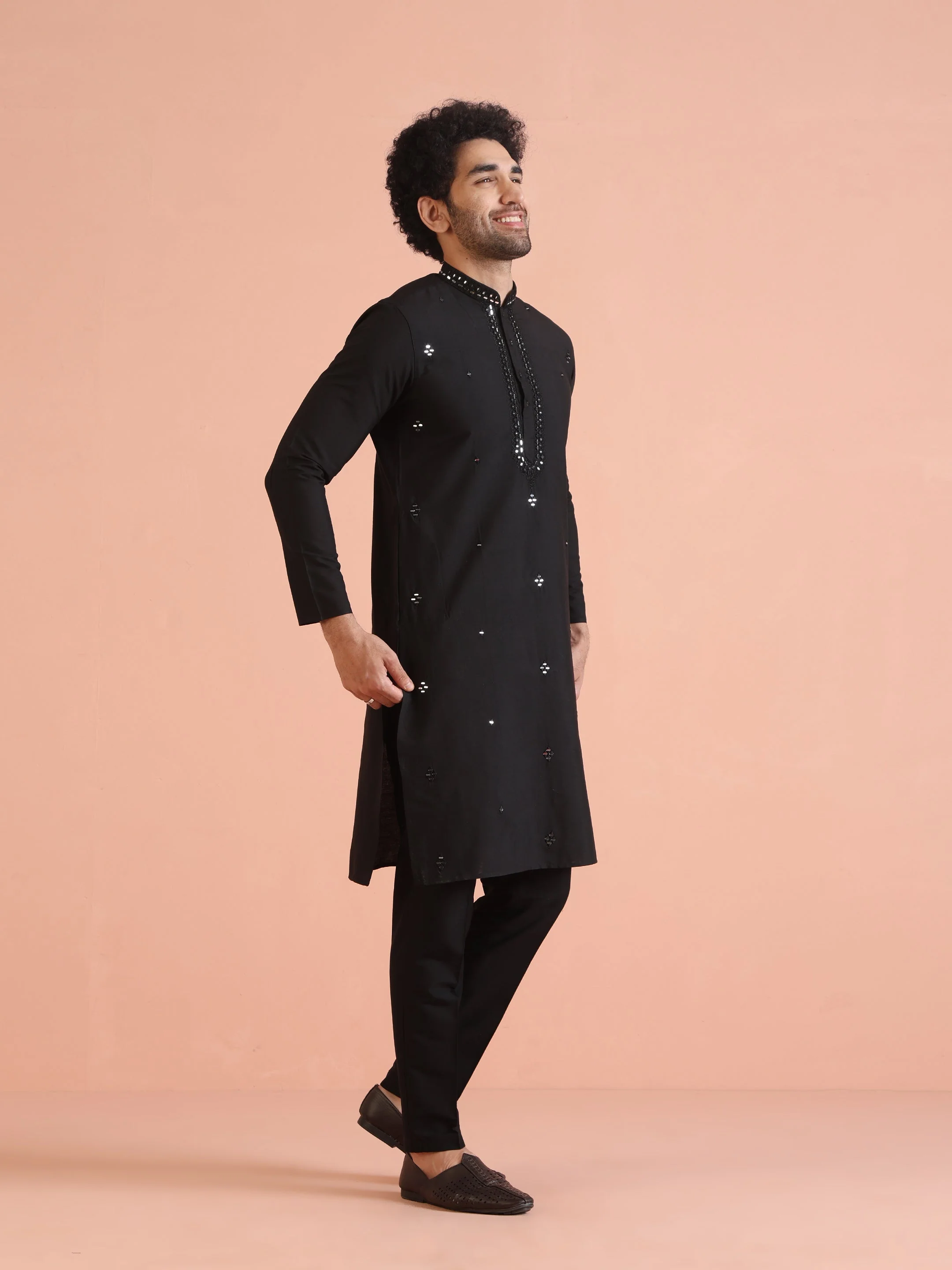 Black Cotton Silk Mirror Work Kurta - Image 11