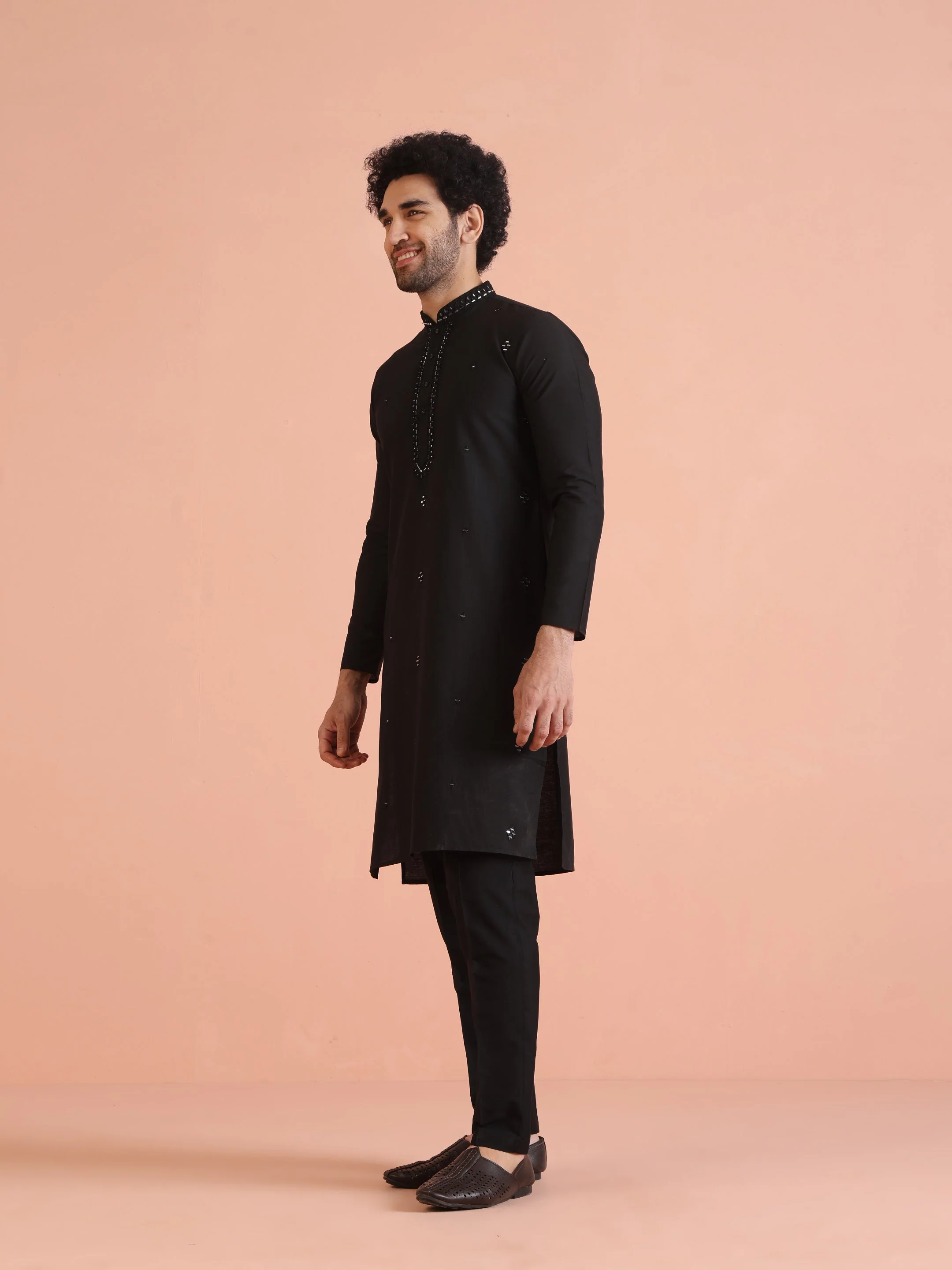 Black Cotton Silk Mirror Work Kurta - Image 12
