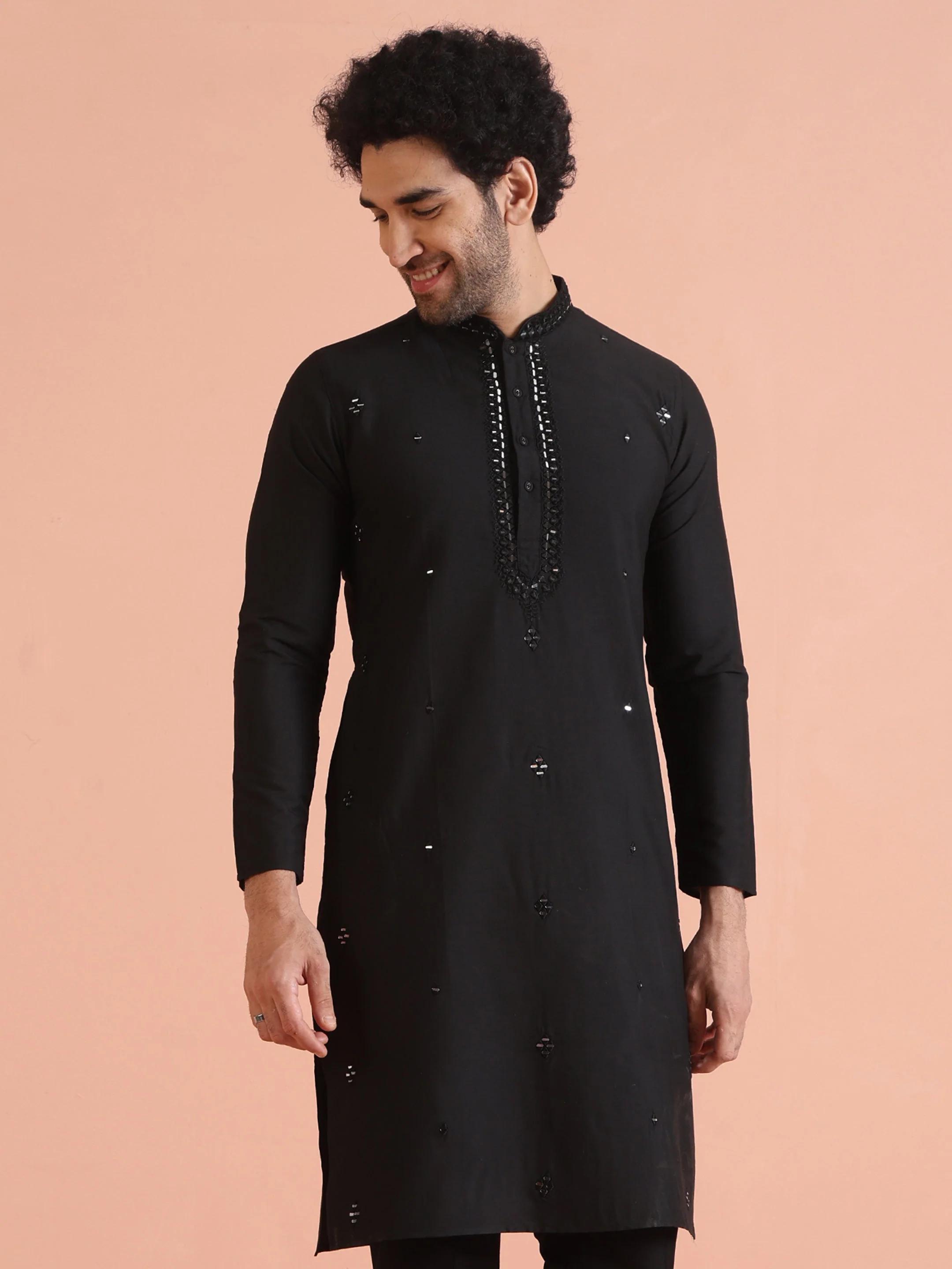 Black Cotton Silk Mirror Work Kurta - Image 17