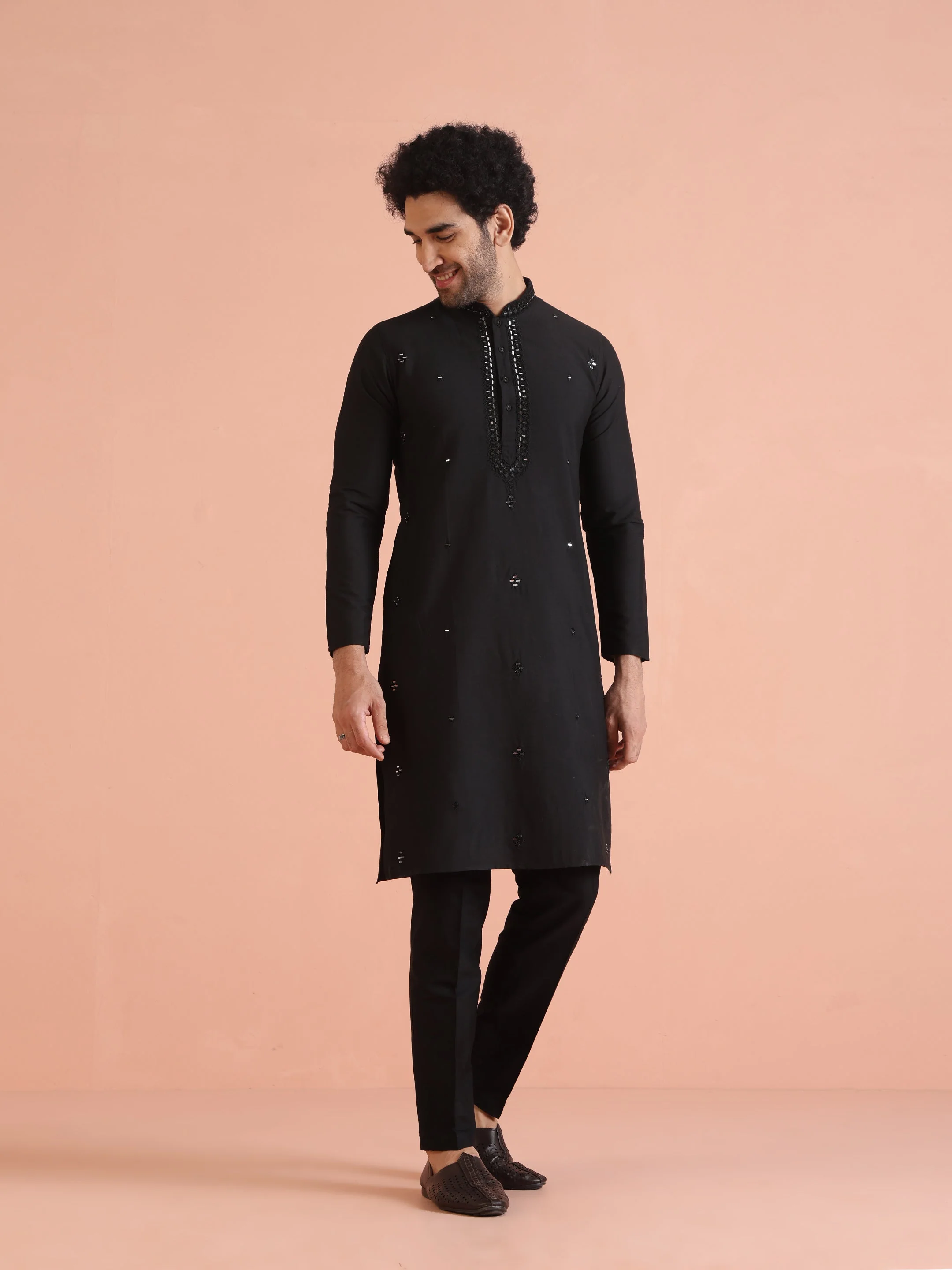 Black Cotton Silk Mirror Work Kurta - Image 23