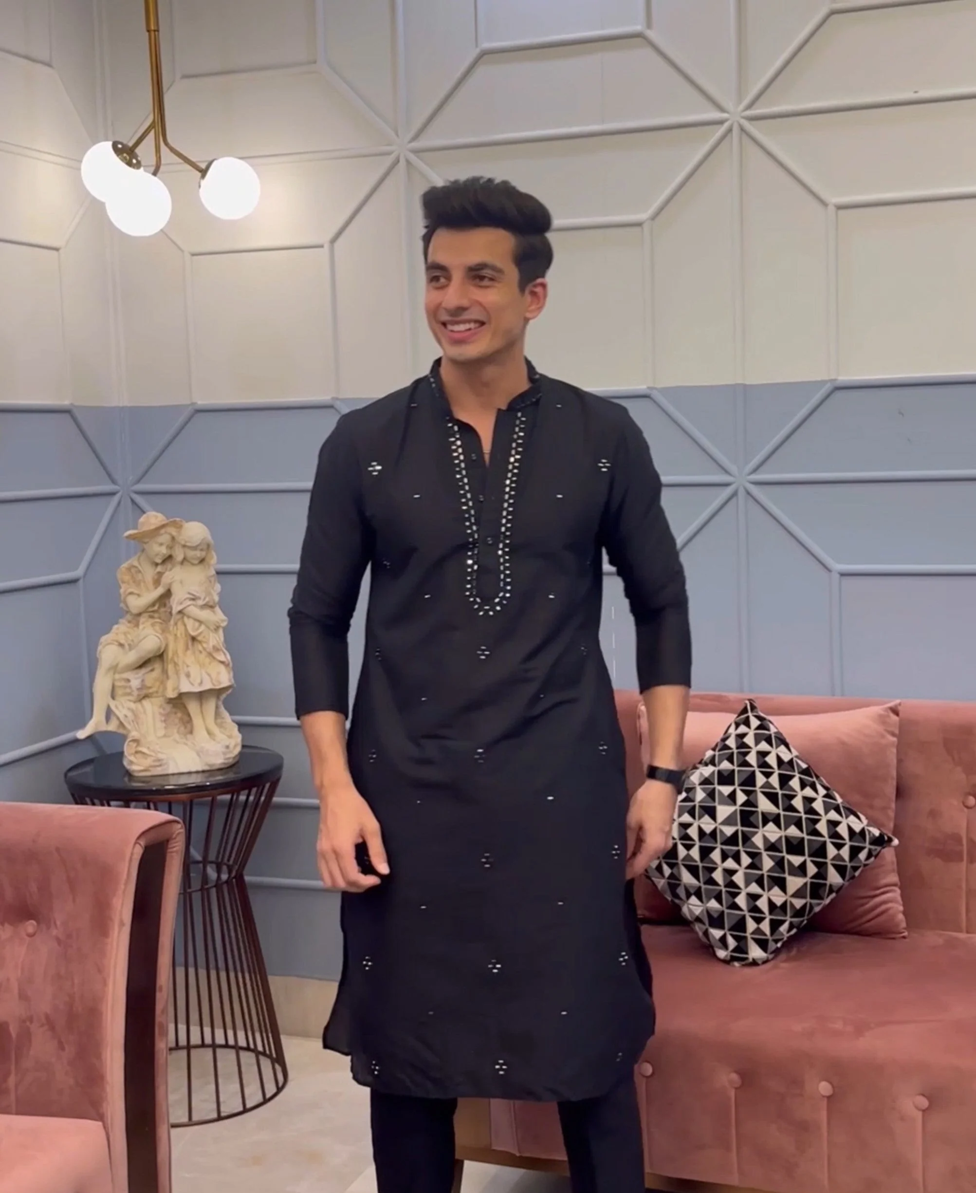 Black Cotton Silk Mirror Work Kurta - Image 8