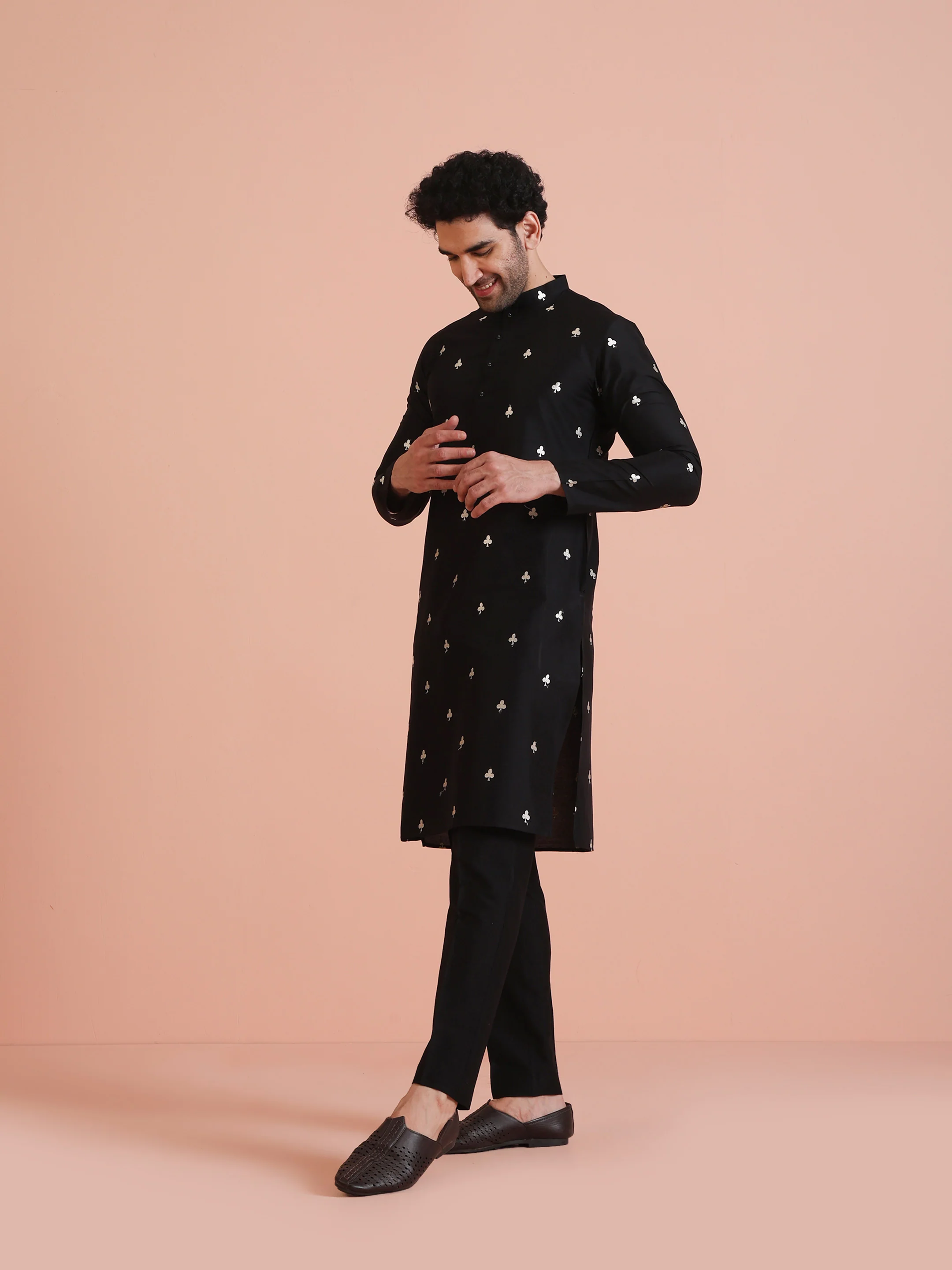 Black Cotton Embroidered Long Kurta - Image 4