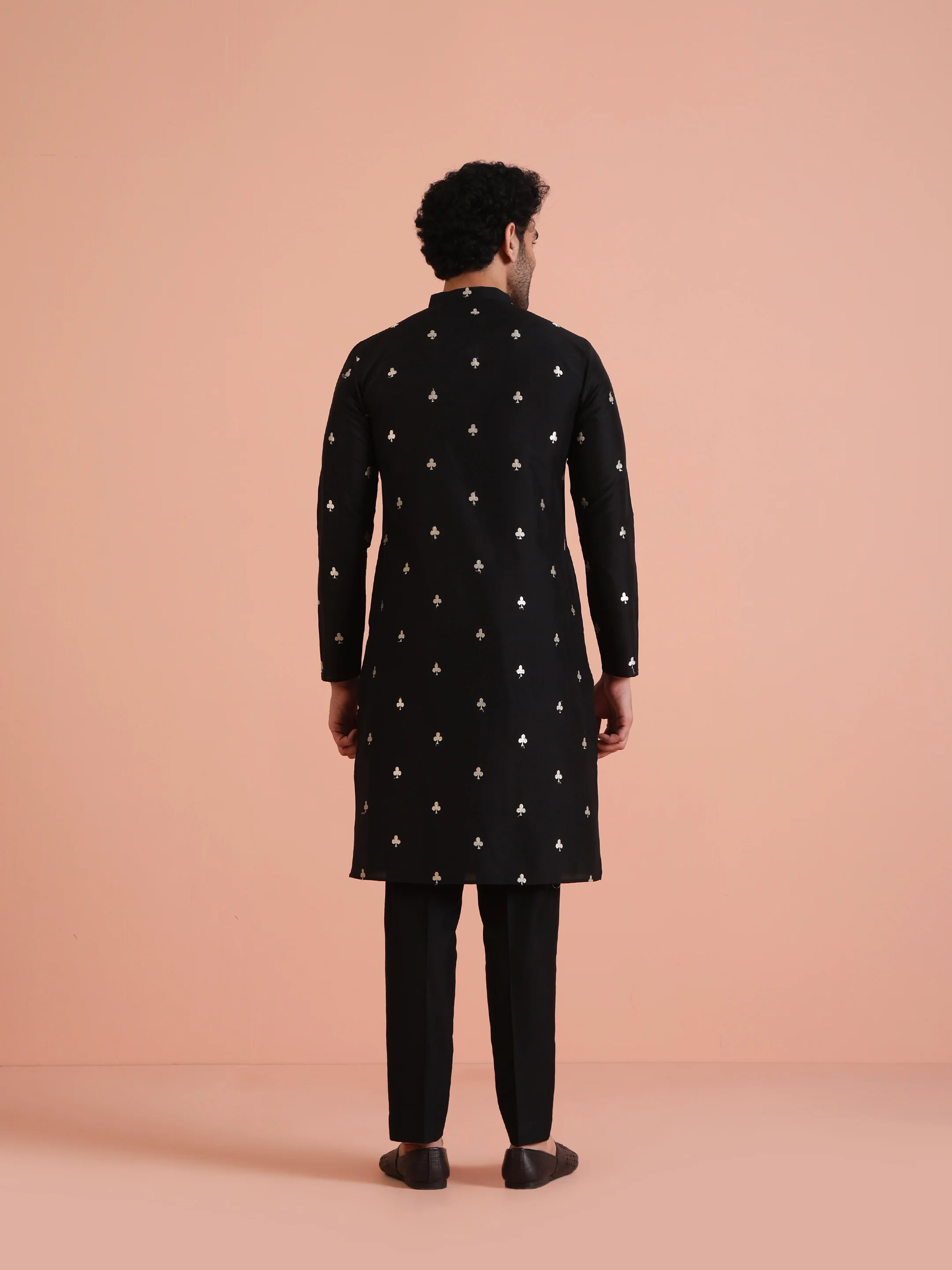 Black Cotton Embroidered Long Kurta - Image 5