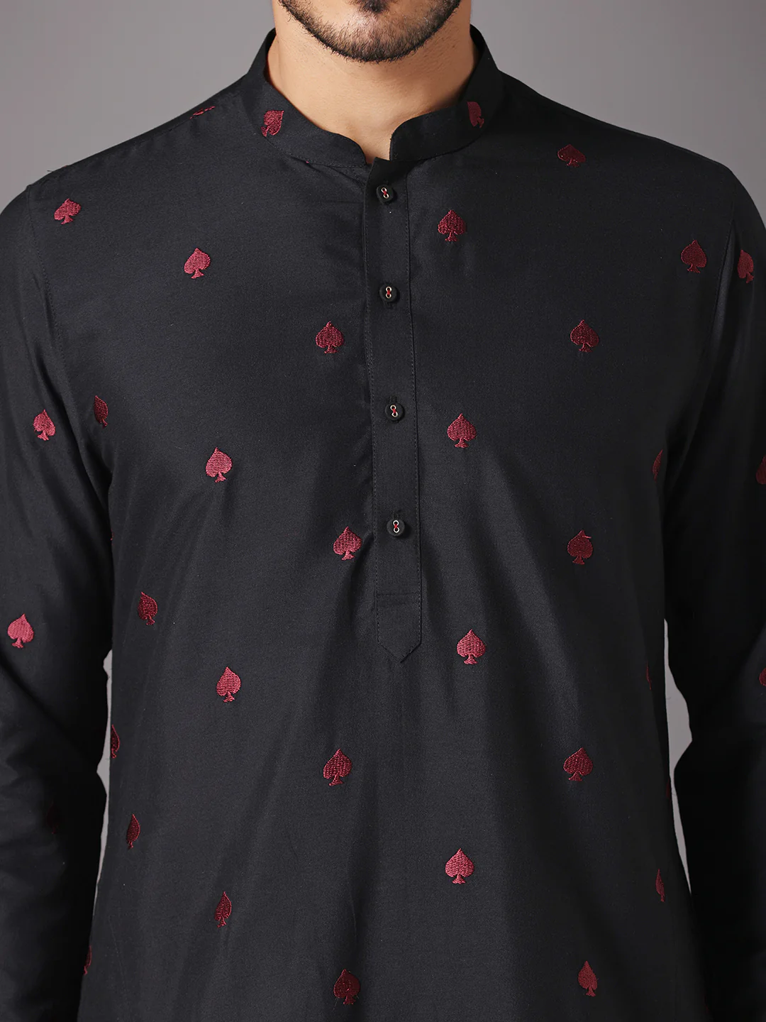 Black Cotton Embroidered Long Kurta - Image 5