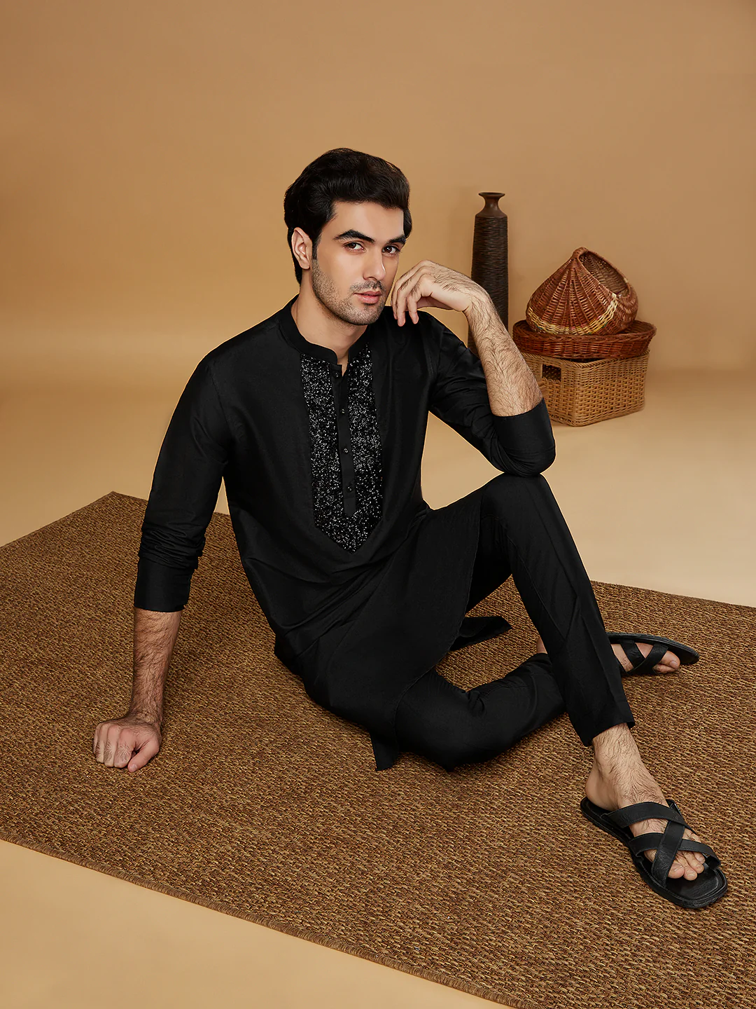 Black Embroidered Silk Blend Kurta - Image 6