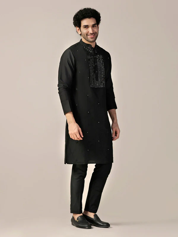 Black Silk Blend Mirror Work Kurta - Image 2