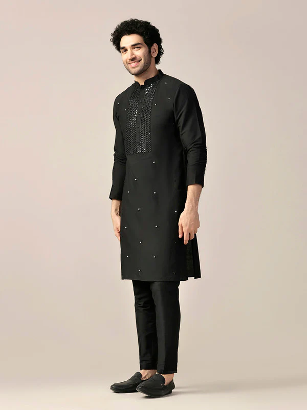 Black Silk Blend Mirror Work Kurta - Image 3