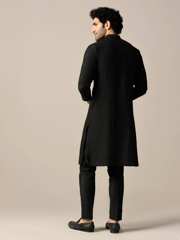 Black Silk Blend Mirror Work Kurta - Image 4