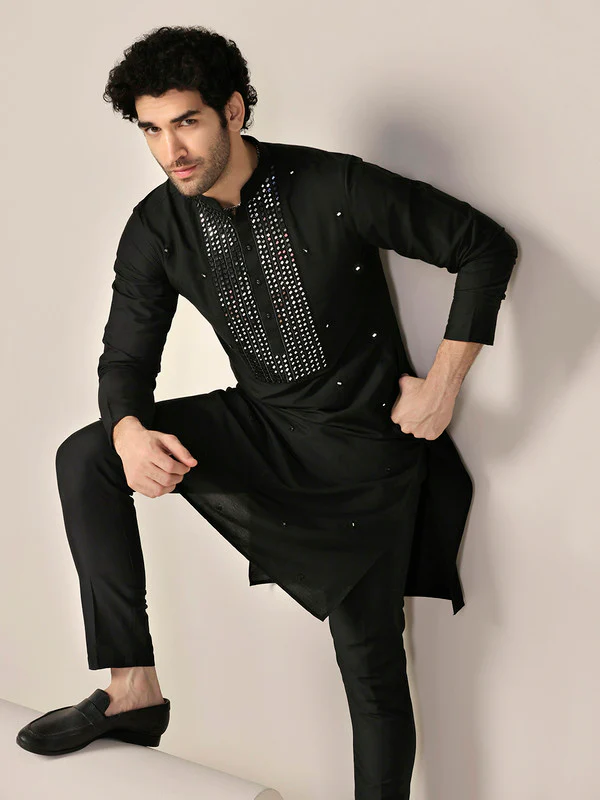Black Silk Blend Mirror Work Kurta - Image 6