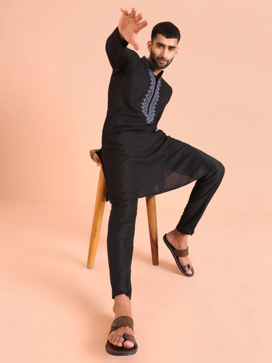 Black Textured Silk Blend Embroidered Kurta - Image 6