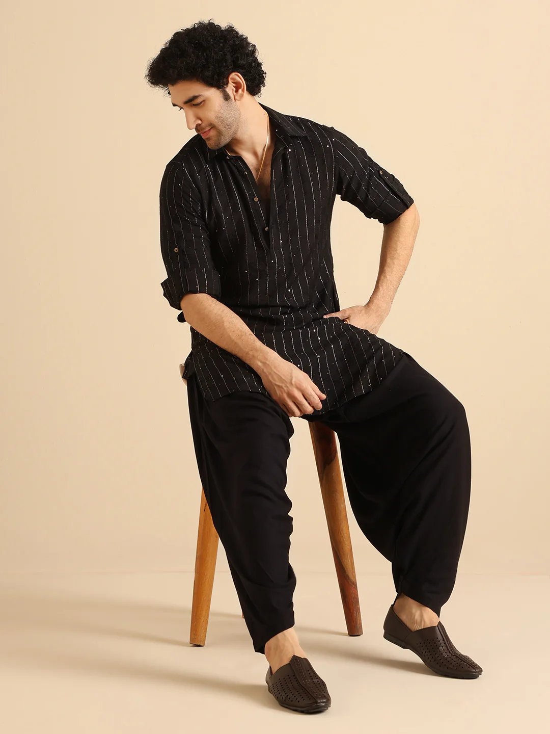Black Silk Blend Sequins Striped Pathani Kurta - Image 6