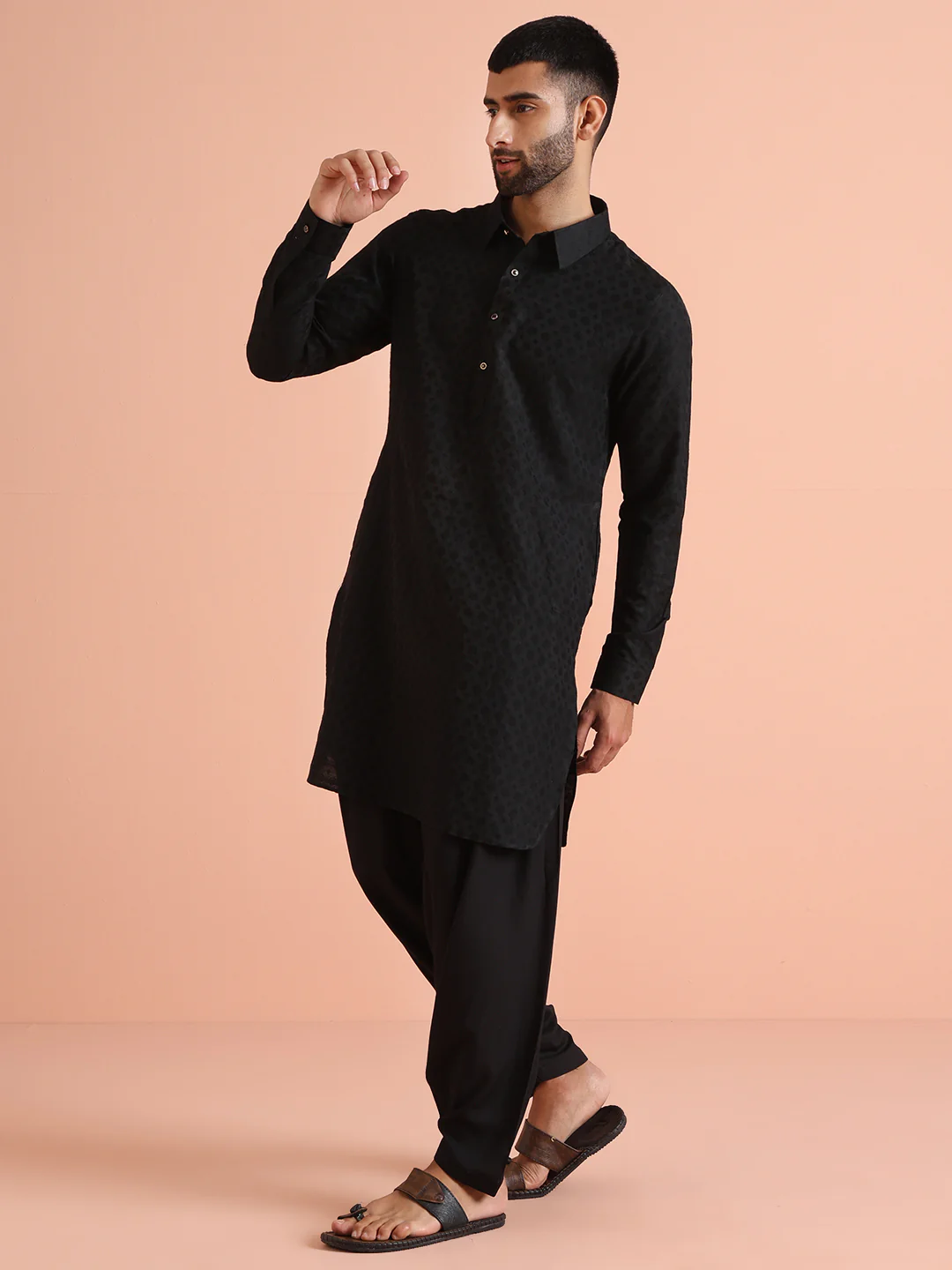 Black Self-Patterned Jacquard Pathani Kurta - Image 2