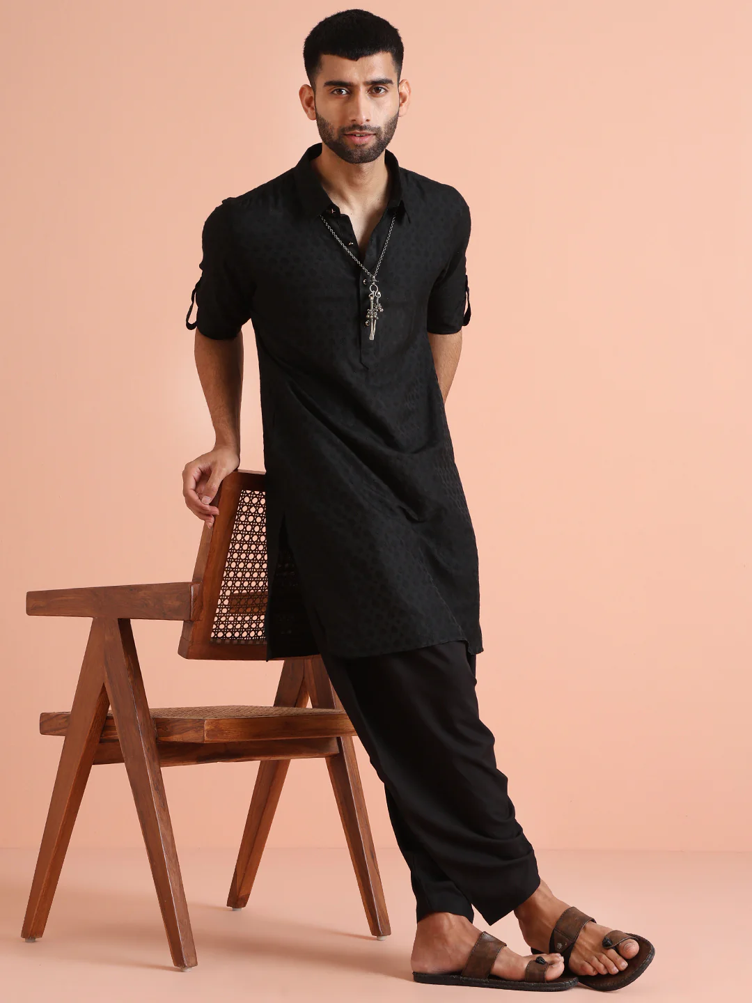 Black Self-Patterned Jacquard Pathani Kurta - Image 6