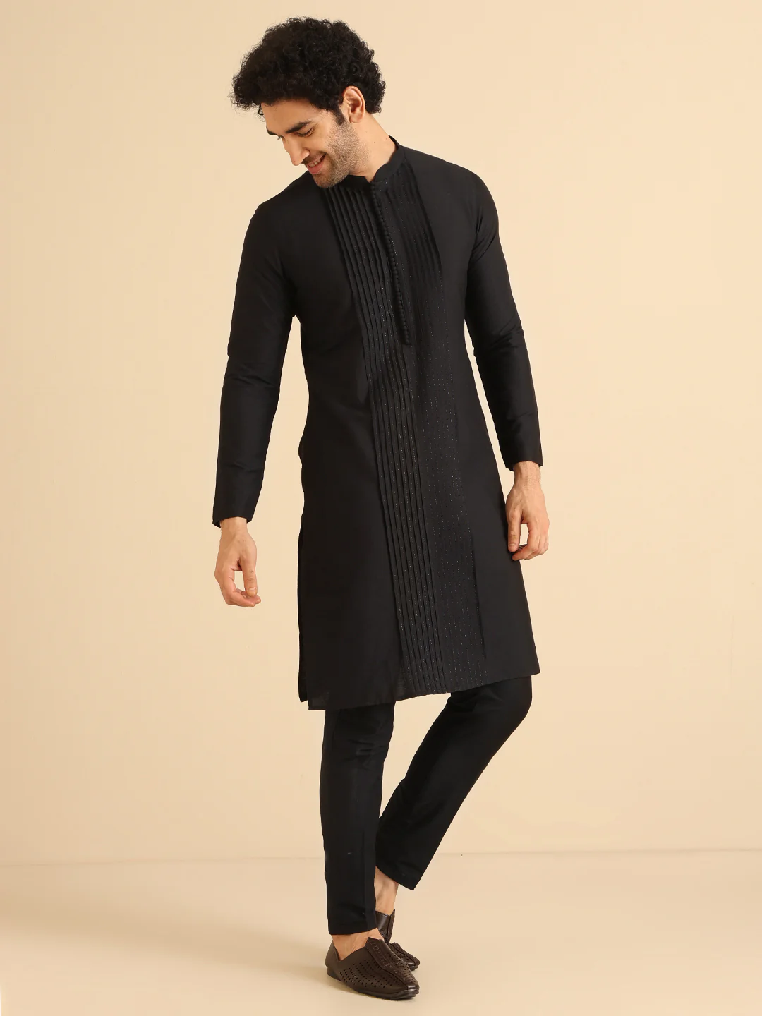 Black Pintuck Cotton Silk Kurta - Image 3