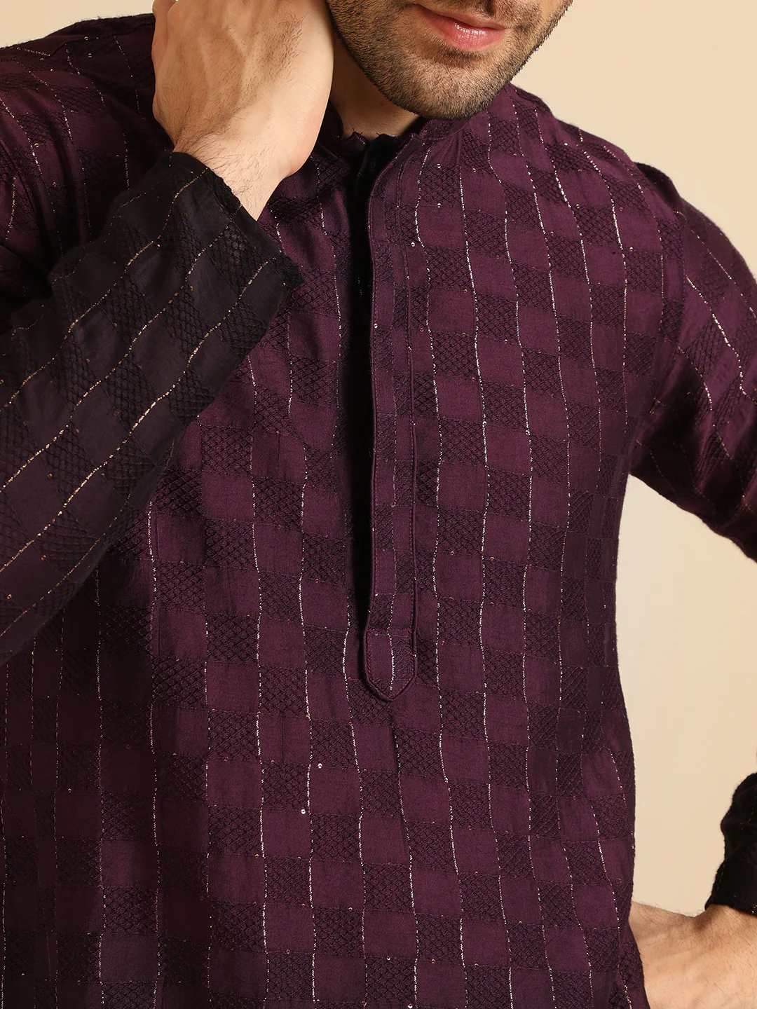 Wine to Black Ombre Check-Textured Long Kurta - Image 5