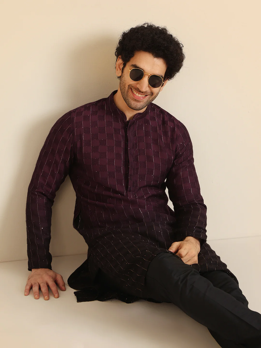 Wine to Black Ombre Check-Textured Long Kurta - Image 6