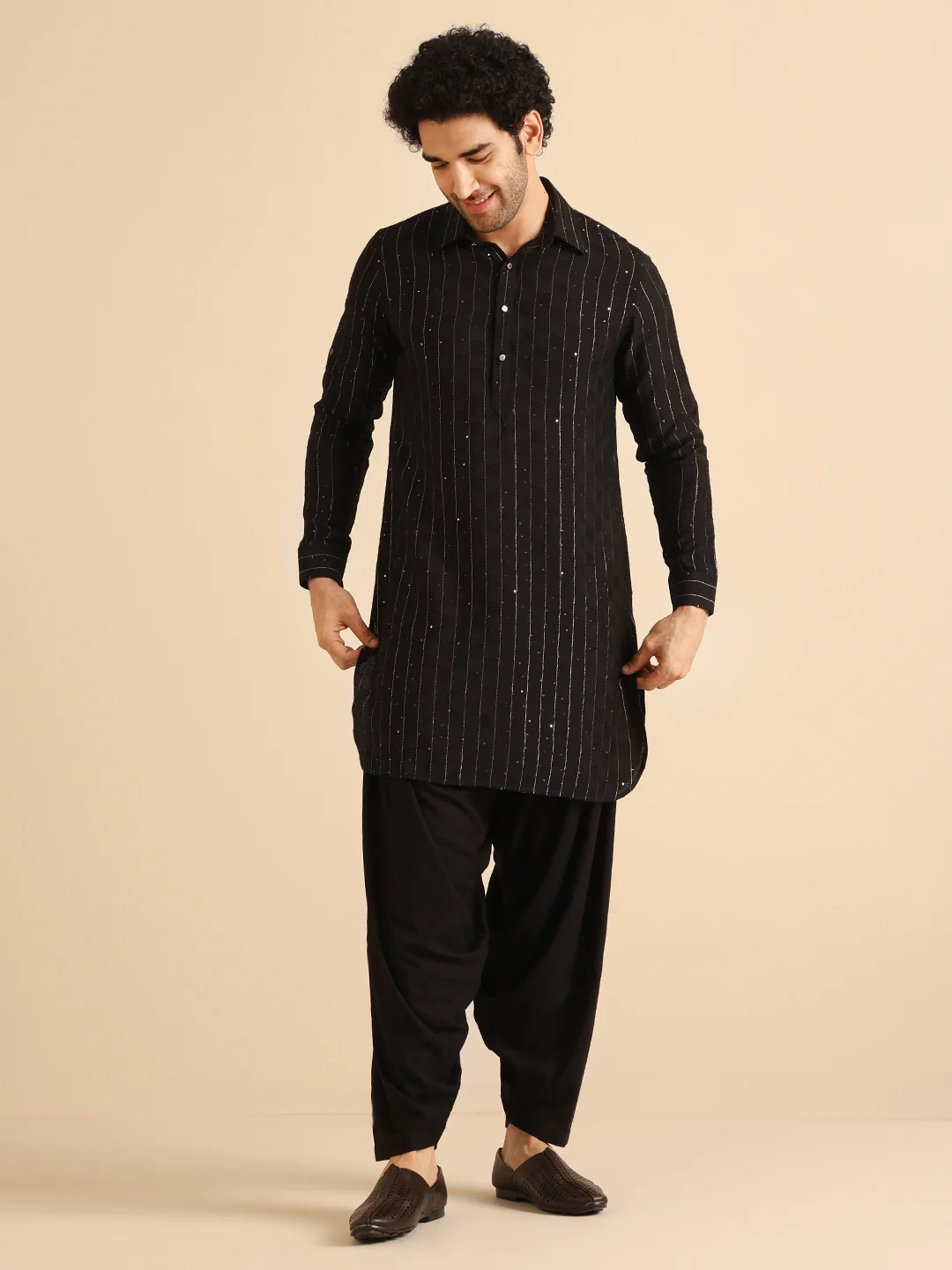 Black Silk Blend Sequins Striped Pathani Kurta Patiyala Set - Image 7