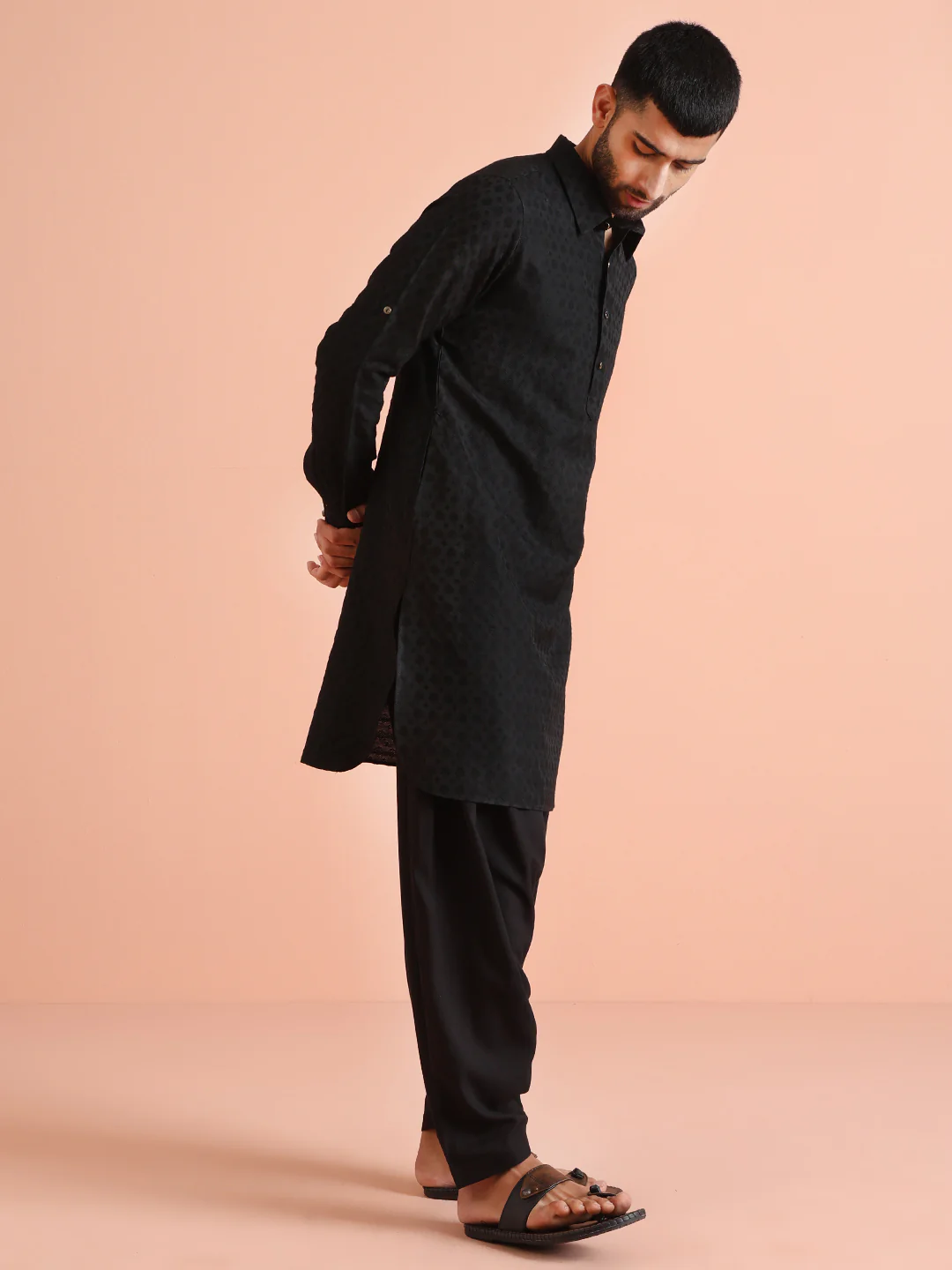 Black Self-Patterned Jacquard Pathani Kurta Patiyala Set - Image 3