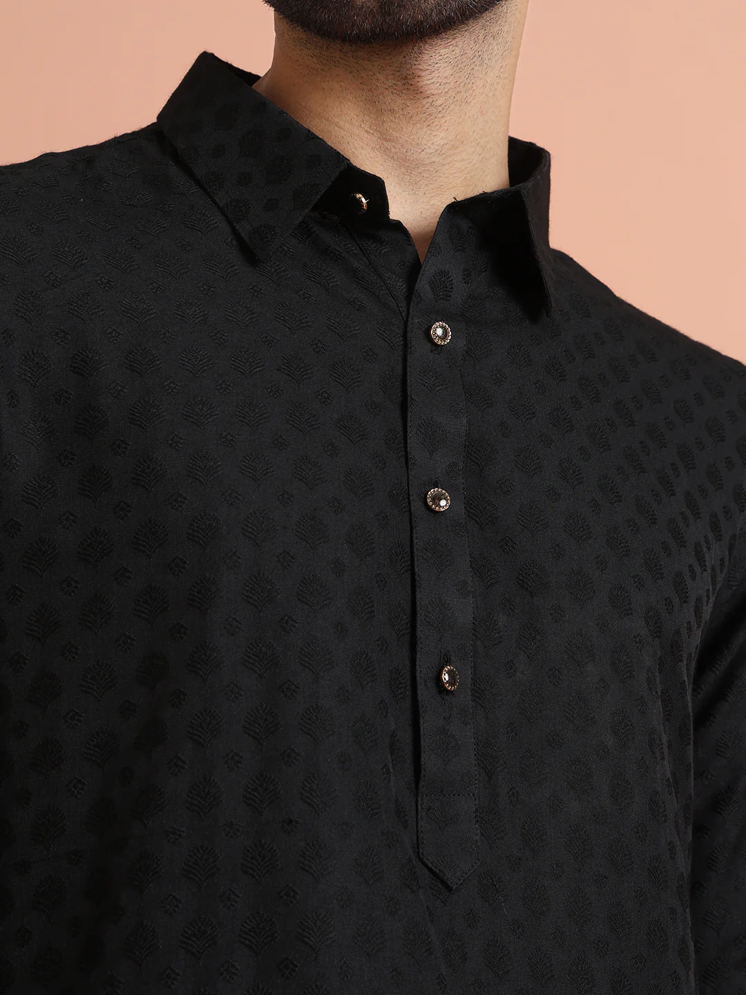 Black Self-Patterned Jacquard Pathani Kurta Patiyala Set - Image 5
