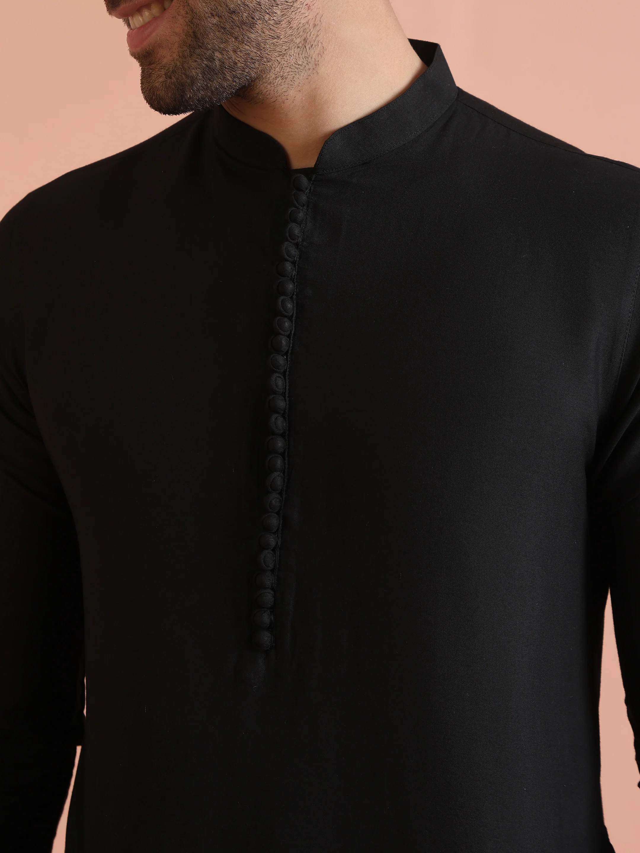 Black Silk Blend Solid Mid Kurta Trouser Set - Image 5