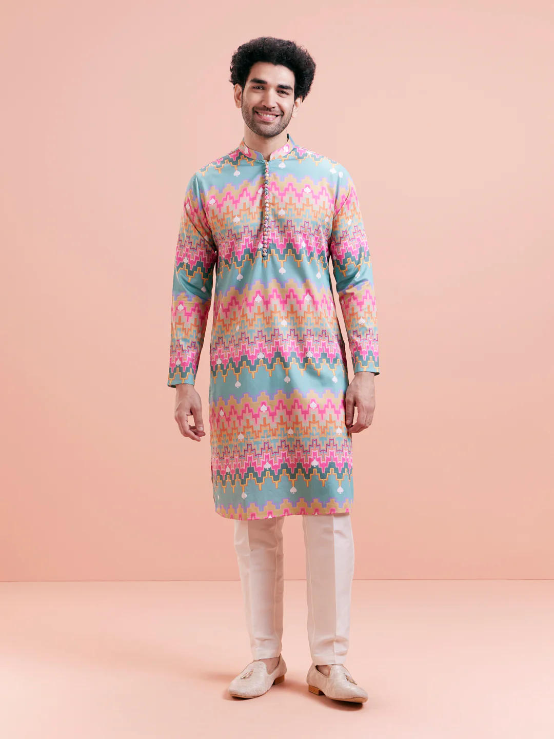 Aqua Blue Multicolor Printed Silk Kurta - Image 6